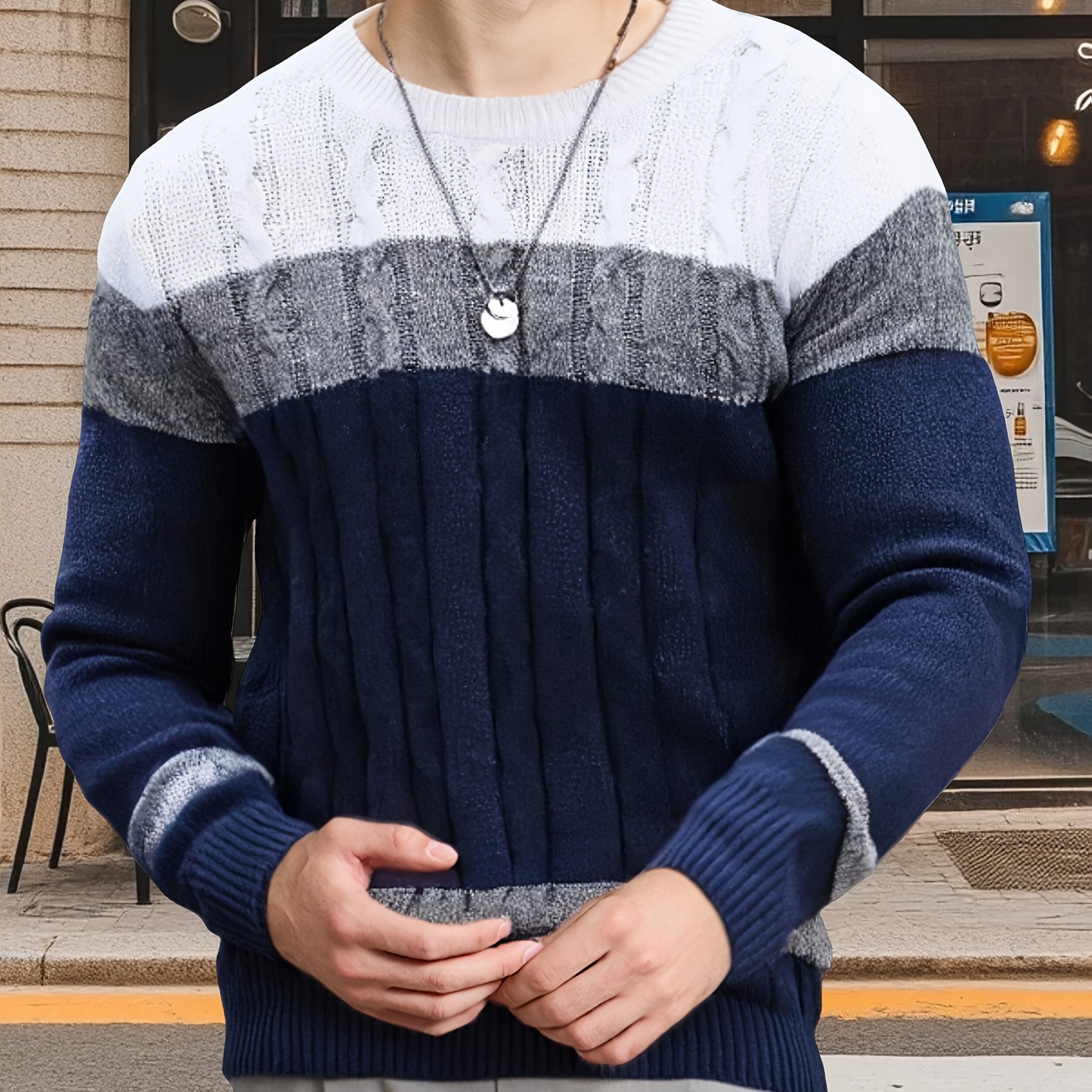 Pull Homme à Mailles Contrastées et Blocs de Couleurs - Col Rond Doux, Manches Longues pour Toutes Saisons, Lavable en Machine, Coupe Classique pour Tenue Décontractée & Soirée