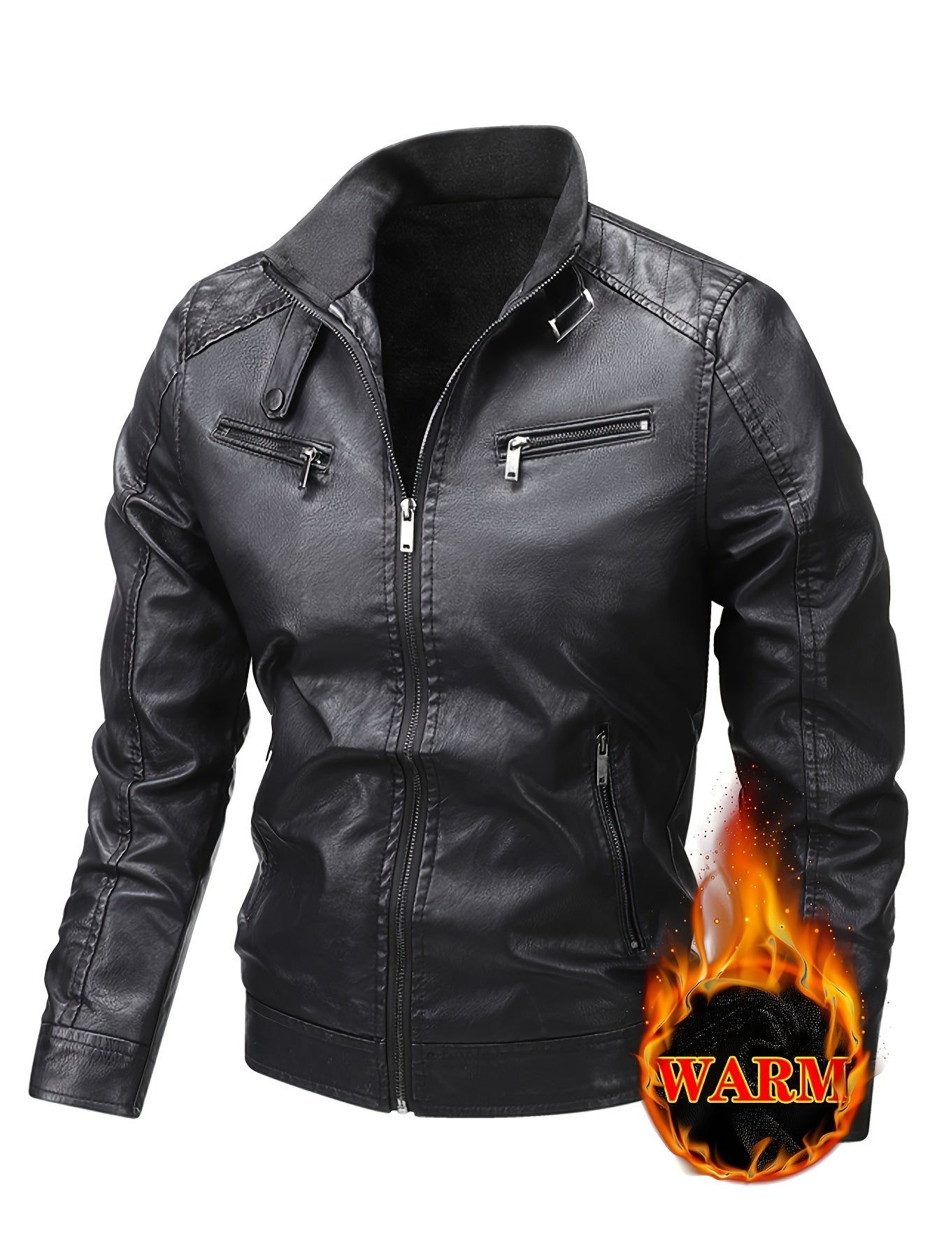 Men's Warm Fleece-Lined Jacket - Trendy Stand Collar Zip-Up Biker Coat for Fall\u002FWinter, Brown, Multiple Pockets, Machine Washable