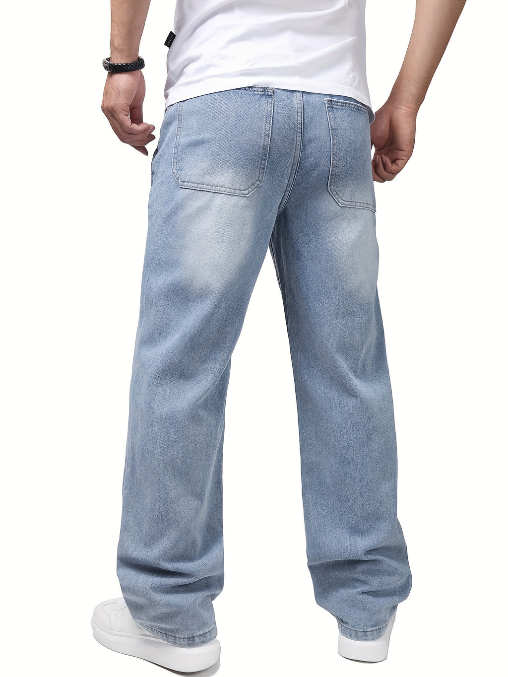 Men'S Casual Straight-Leg Jeans - Mid-Rise, Non-Stretch Denim, Machine Washable, Smooth Fabric, All-Season Comfort, Classic Blue Washed Design for Casual Attire, Comfortable Fashion, Fashionforward Jeans, Durable Fabric