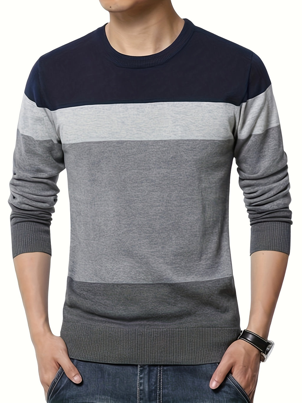 Pullover tricoté en coton 100 % pour homme, col rond ajusté à manches longues décontracté pour l'automne et l'hiver