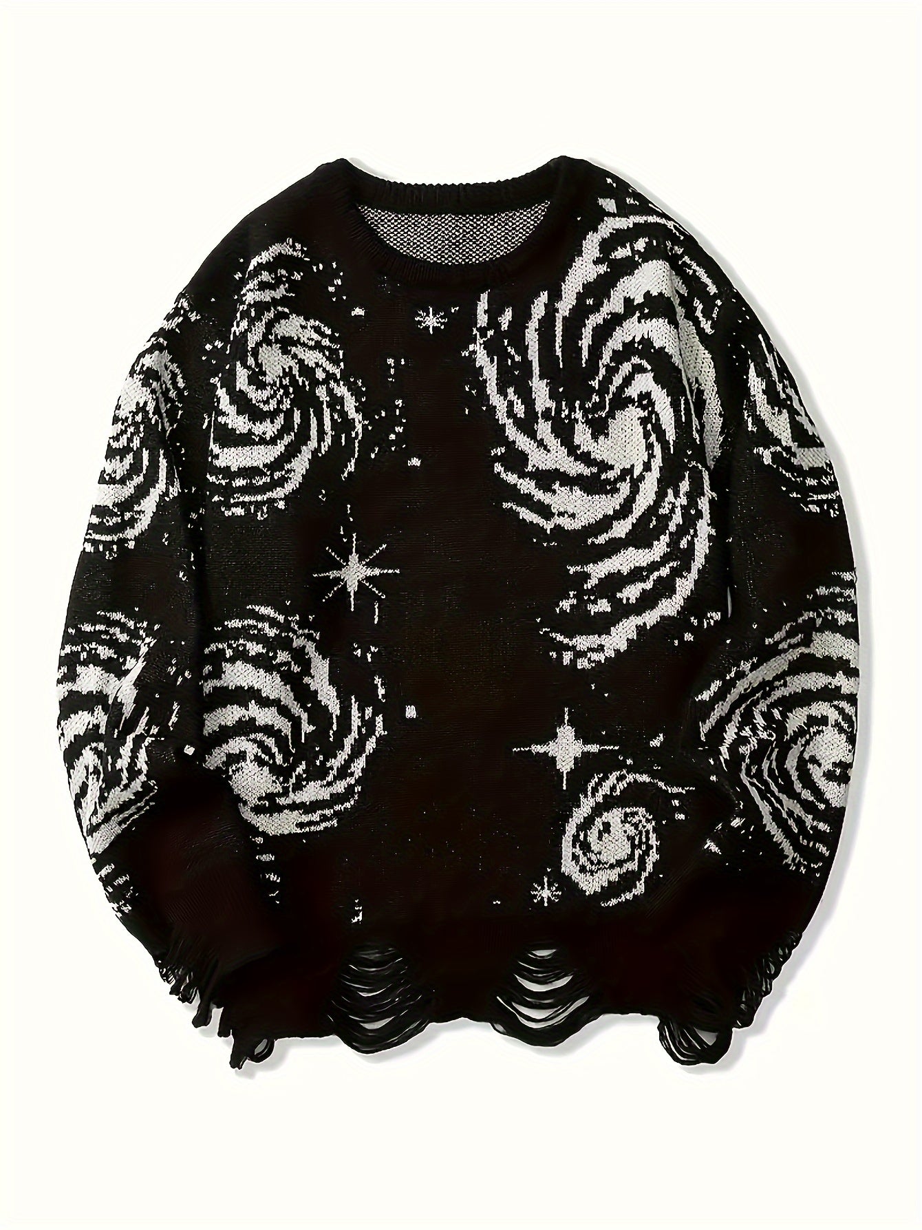 Pull-over Décontracté Homme Grande Taille Col Rond Tricoté Motif Ciel Étoilé à Ourlet Effet Détaché avec Franges, Univers en Stretch Chaud - PLUS SIZE