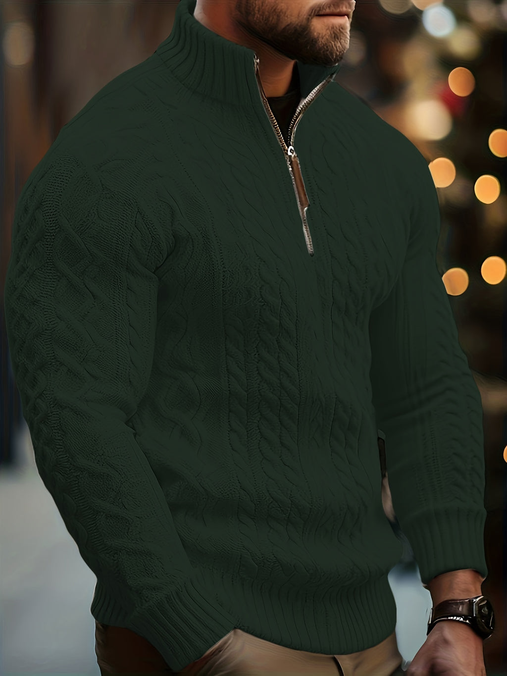 Pull Homme Décontracté Uni - Lavable en Machine, Élasticité Moyenne, Col et Fermeture 1\u002F4 Zip, Coupe Regular pour Automne\u002FHiver, Confort Chaud Quotidien, Encolure Élégante