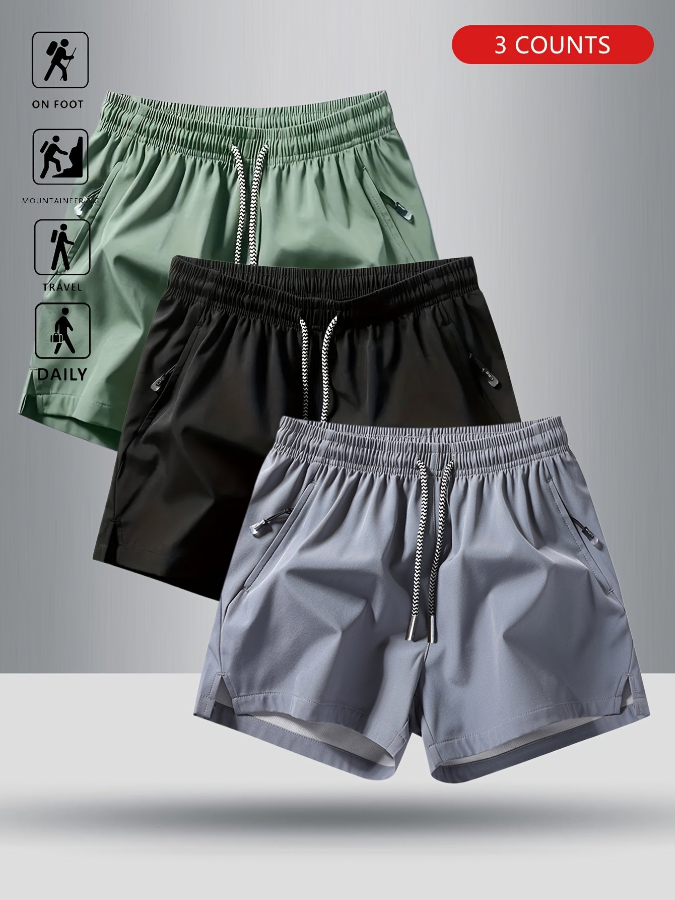 3pcs OBM Men's Moisture-Wicking Lightweight Athletic Shorts with Adjustable Drawstring Waist & Zipper Pocket - Breathable Quick-Dry Gym Running Training Shorts for Summer, Beach, Outdoor Activities (Teal, Burgundy, Navy)