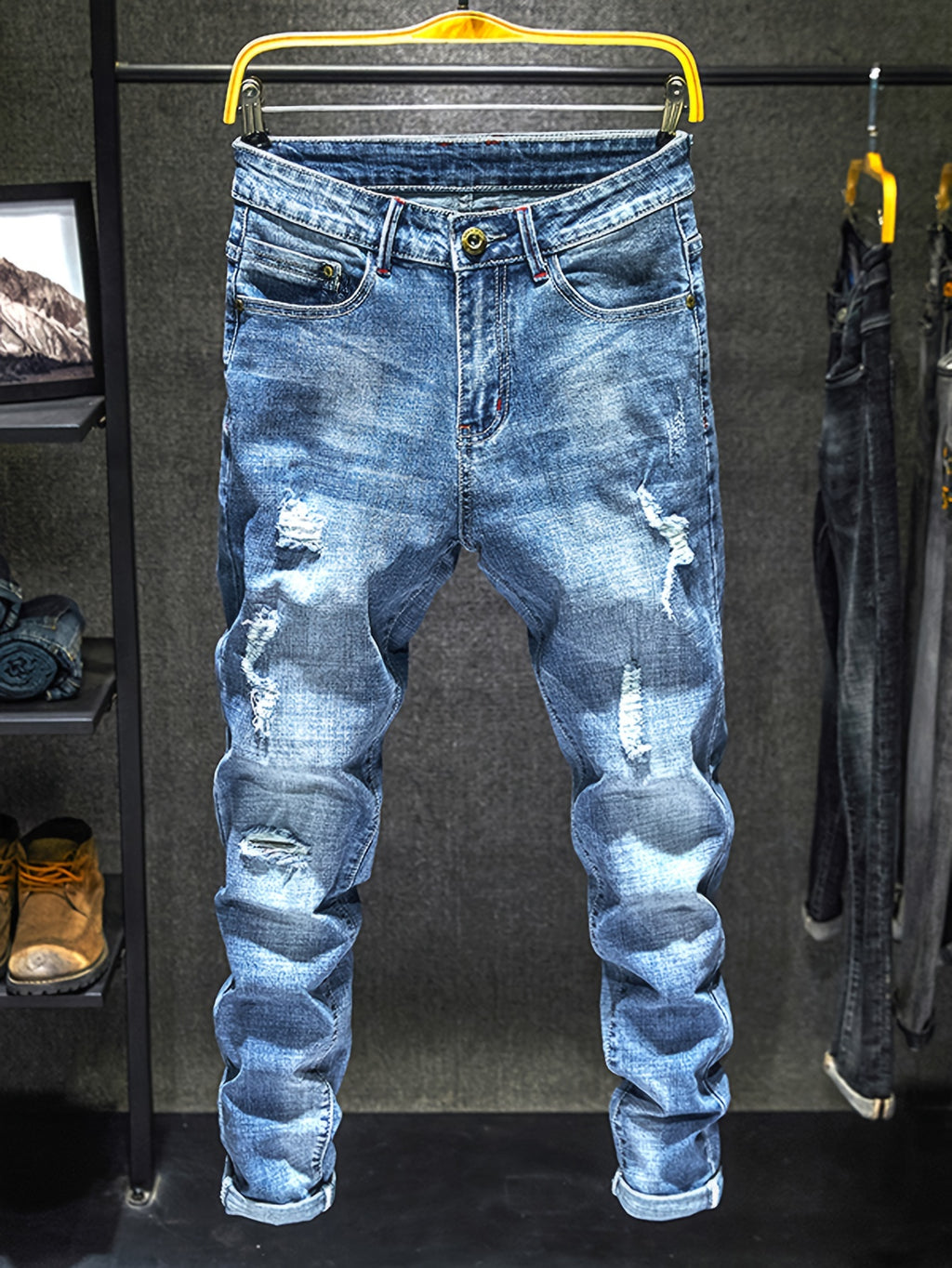 Men's Casual Regular Jeans, Street Style Chic Stretch Denim Pants