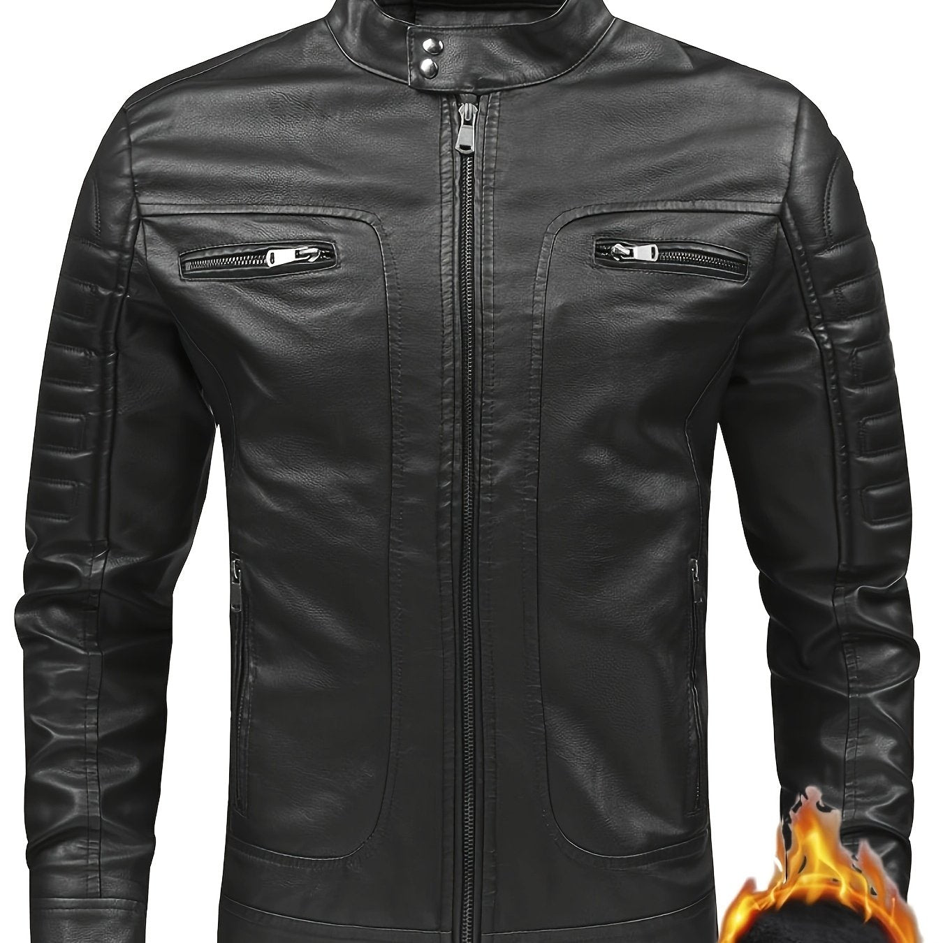 Men's Slim Fit PU Leather Jacket - Black, Double Zipper, Stand Collar, Warm Lined, Casual Style, Machine Washable, Everyday Jacket | Modern PU Leather Jacket | Durable PU Leather Look