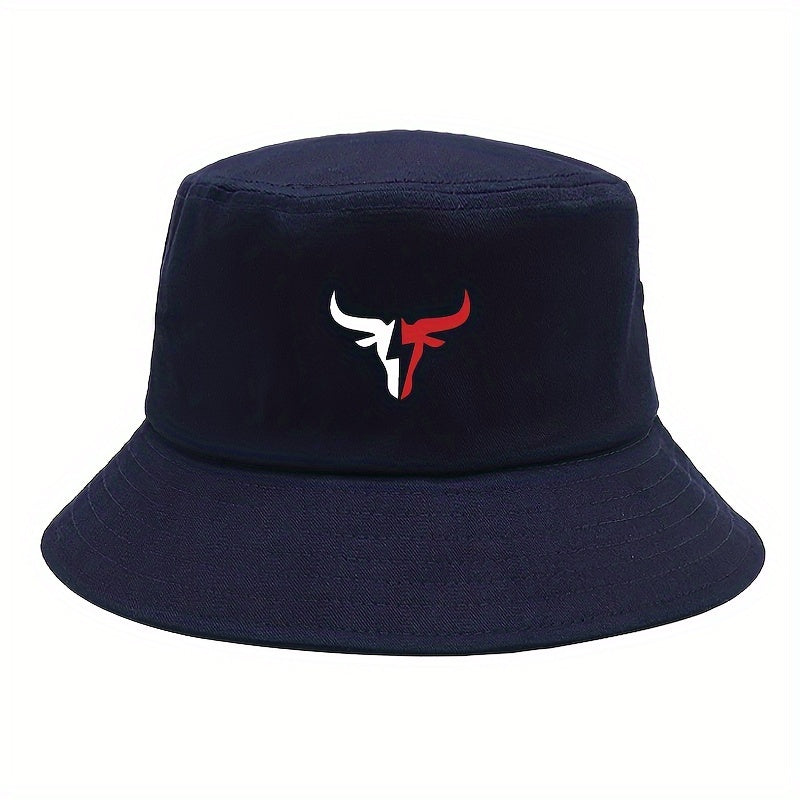1pc Elegant Cotton Blend Bucket Hat with Bull Logo Print, Reversible Outdoor Casual Cap, Gift for Dad