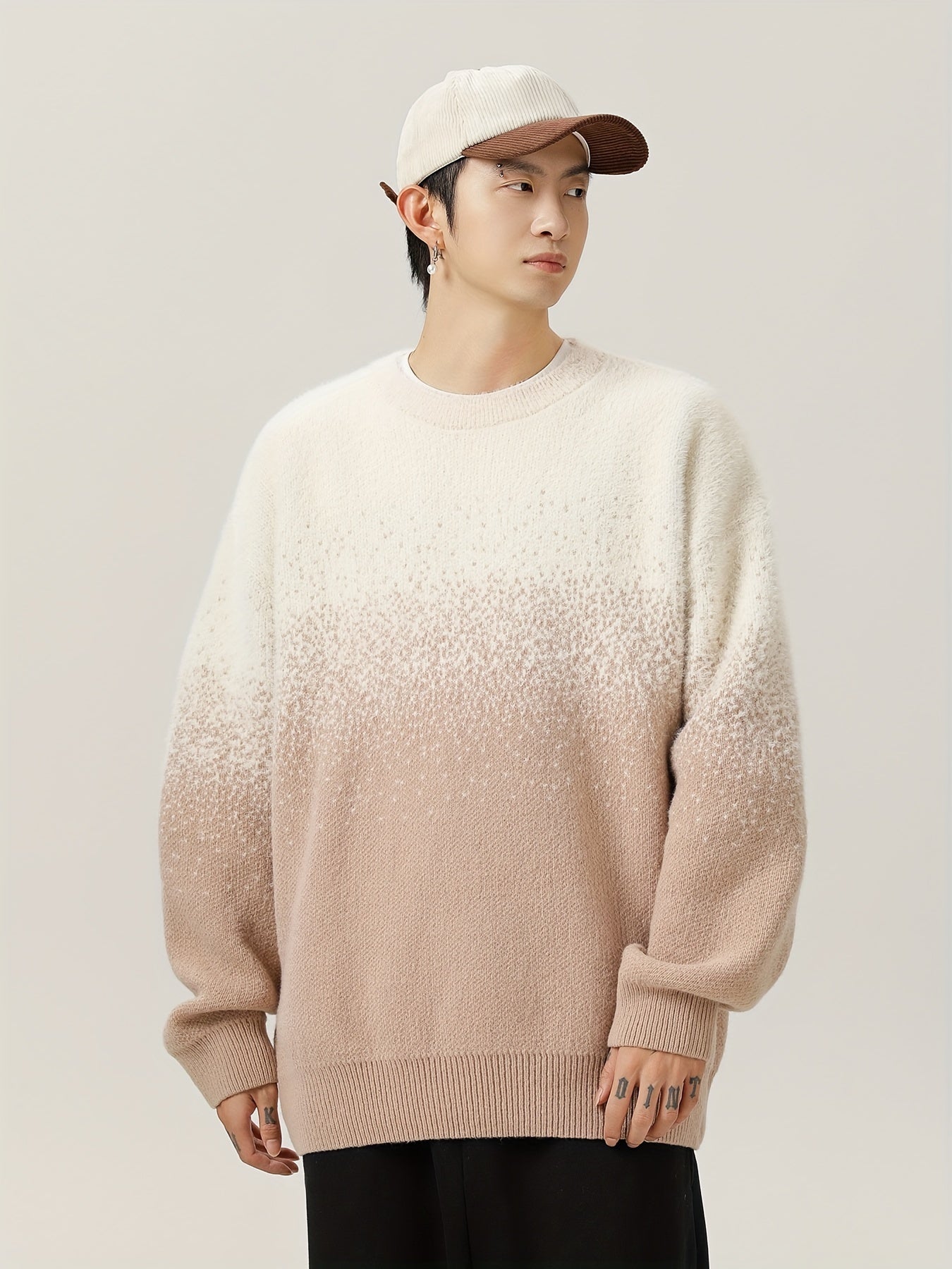 Pull à col rond dégradé casual pour homme - Tissu tricoté 100% polyester avec légère élasticité, modèle décontracté pour l'automne\u002Fhiver - Chaleureux style de rue japonais gradient
