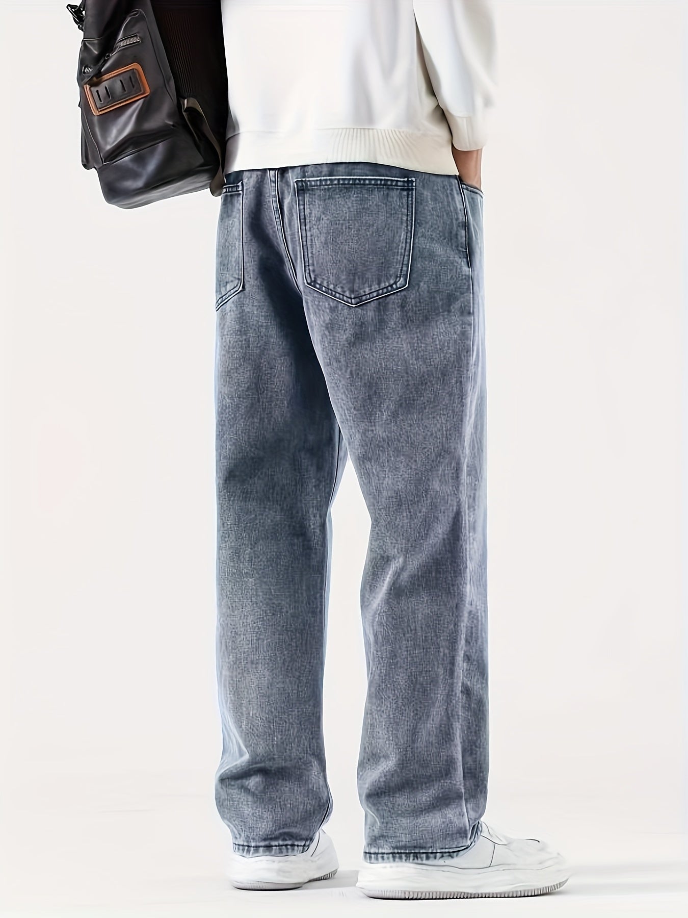 Men'S Casual Denim Jeans, 54% Cotton 32% Polyester 12% Viscose, Solid Color, Regular Fit, Straight Leg, All-Season, Woven Fabric, 290g\u002Fm², with Pockets - Adult