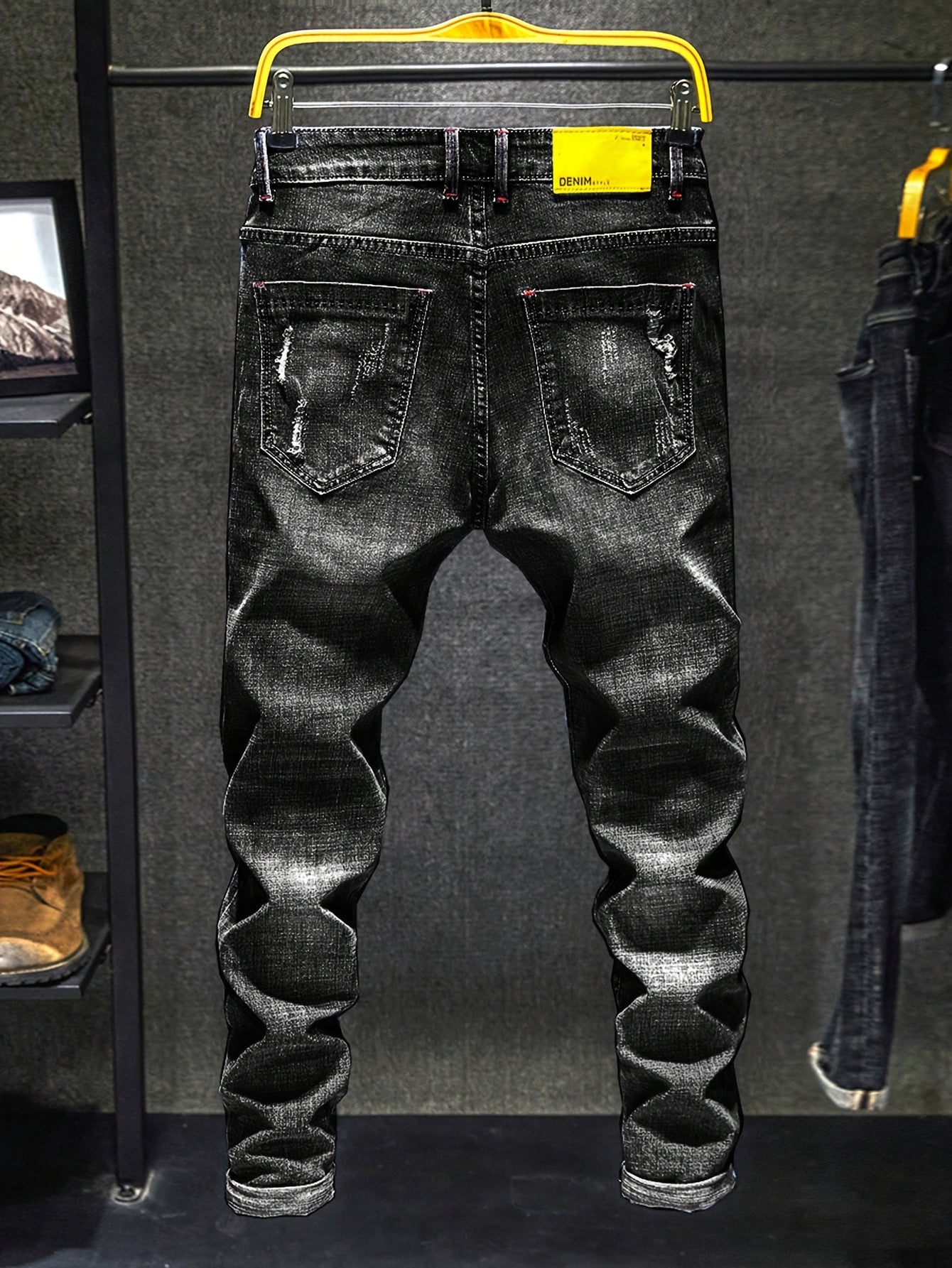 Men's Casual Regular Jeans, Street Style Chic Stretch Denim Pants