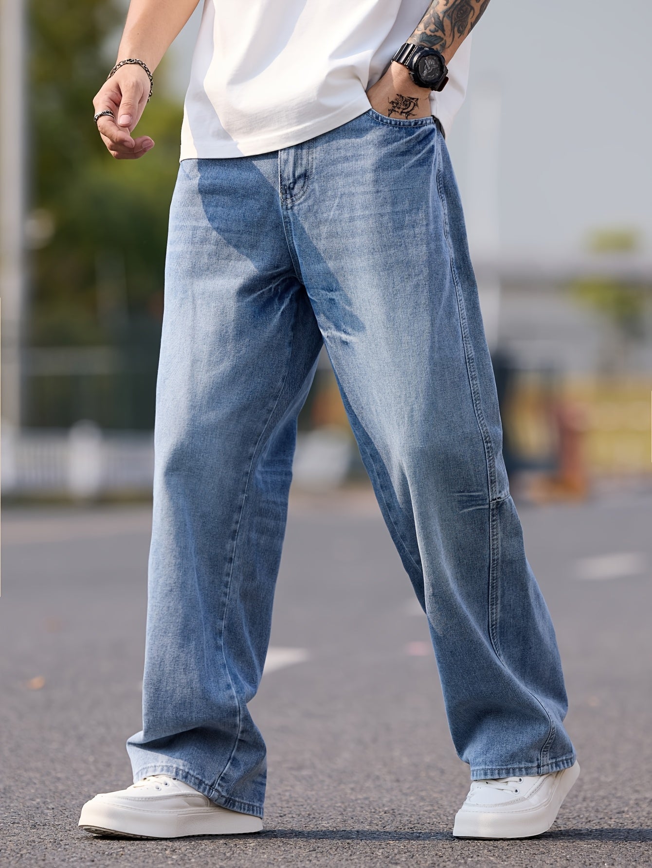 American High Street Deconstructed Stitching Design Loose Jeans, Vintage Wash Wide Leg Pants, Suitable for Men and Women (Without Belt\u002FWithout Accessories)