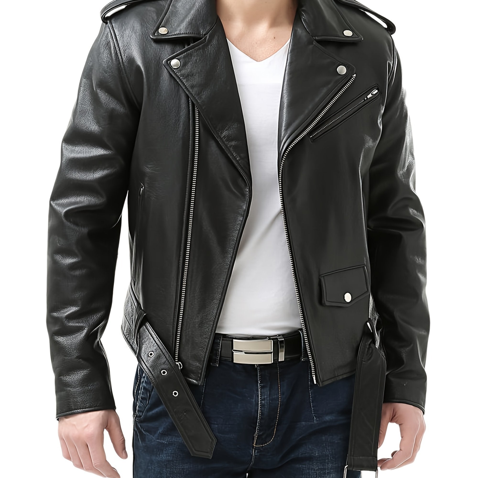 Men'S Fitted Motorcycle-Style PU Faux Leather Jacket