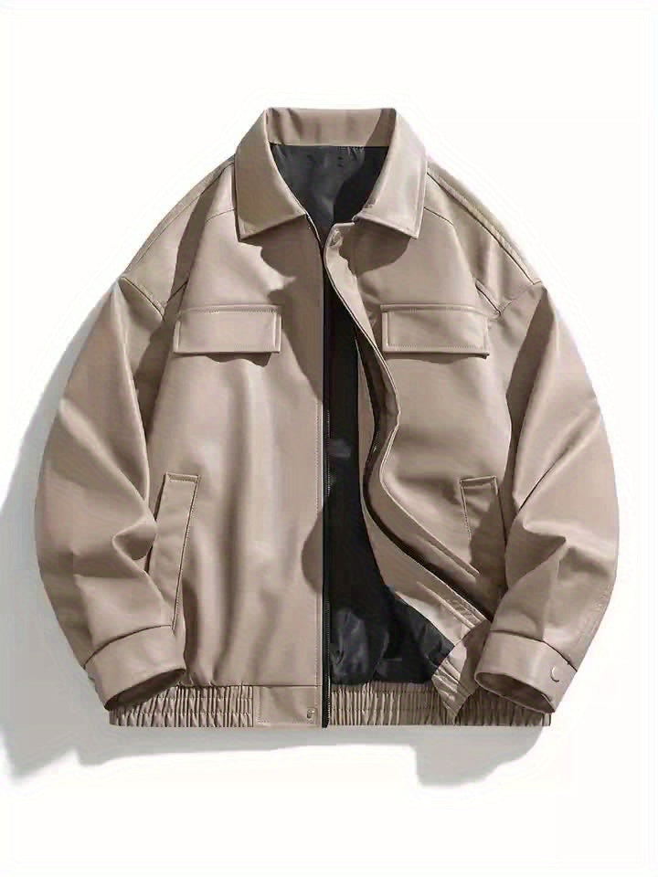 AWESOME BIRD Men's Retro PU Leather Jacket - Casual Street Style, Black Smooth Finish, Long Sleeve with Flap Pockets, Zip-Up Closure, Machine Washable, Polyester Blend