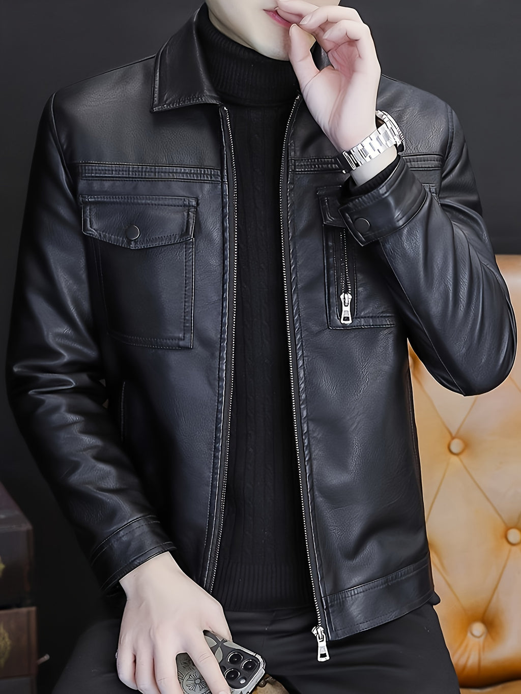 Men'S Casual Jacket, Solid Color, Long Sleeve, Regular Fit, Zipper Closure, Polyester Lining, 91% Polyester, 9% Viscose, 100%, Lapel Collar, Woven Fabric, Daily Wear, Thick
