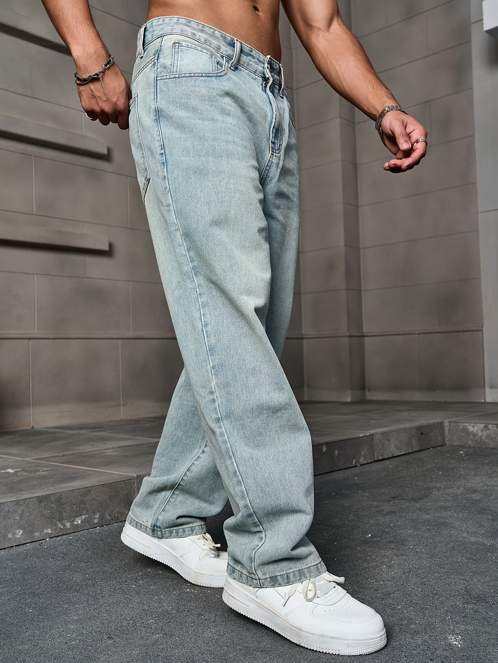 Men'S Fashion Straight Leg Jeans - Light Wash Denim, Non-Stretch Fabric, Regular Fit for All Seasons, Casual Street Style, Classic Whisker Design, Weekend Casual Wear | Classic Straight Leg | Washed Deni