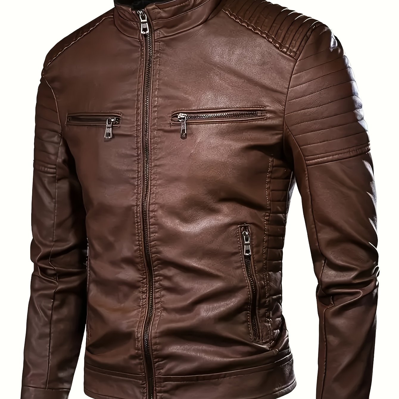 Men'S Punk Style Faux Leather Jacket - Windproof Casual Biker-Inspired Zip-Up with Stand Collar, Full-Zip Front, and Side Pockets for Spring & Fall, Winter Apparel | Stand Collar Jacket | Zipper Closure Jacket