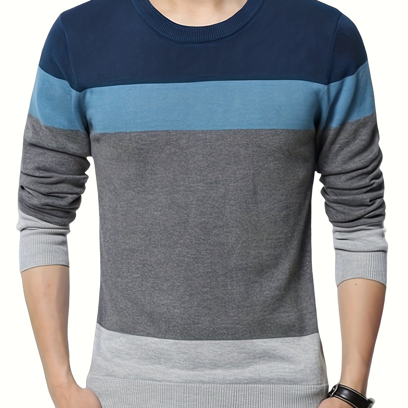 Pullover tricoté en coton 100 % pour homme, col rond ajusté à manches longues décontracté pour l'automne et l'hiver