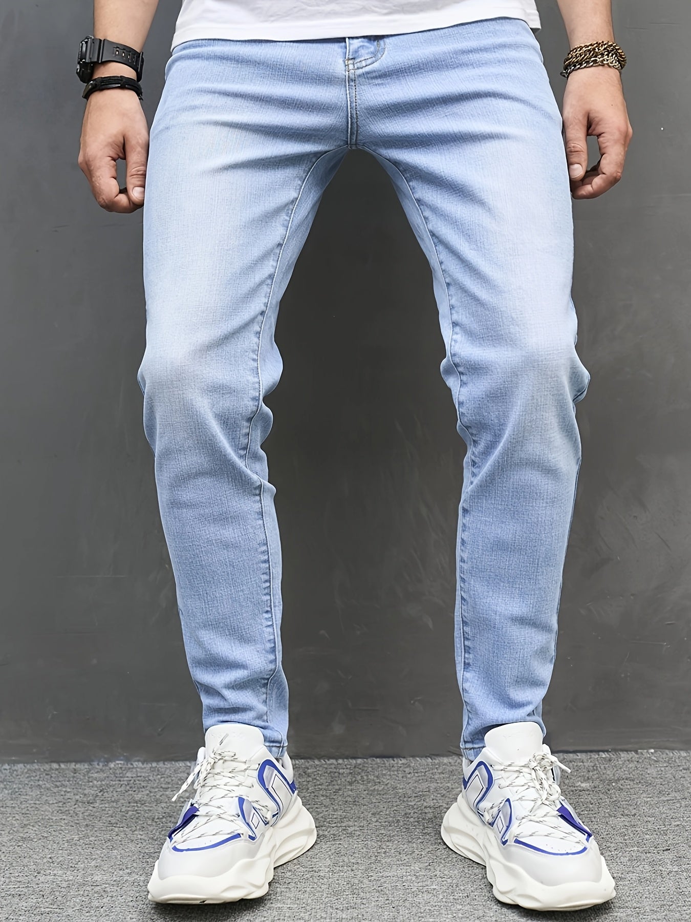 Men'S Slim Fit Stretch Denim Jeans - Light Blue Casual Slimming Pants, Raw Wash Solid Color, Mid-Rise, All-Season Wear, Comfortable & Stylish for Casual Attire