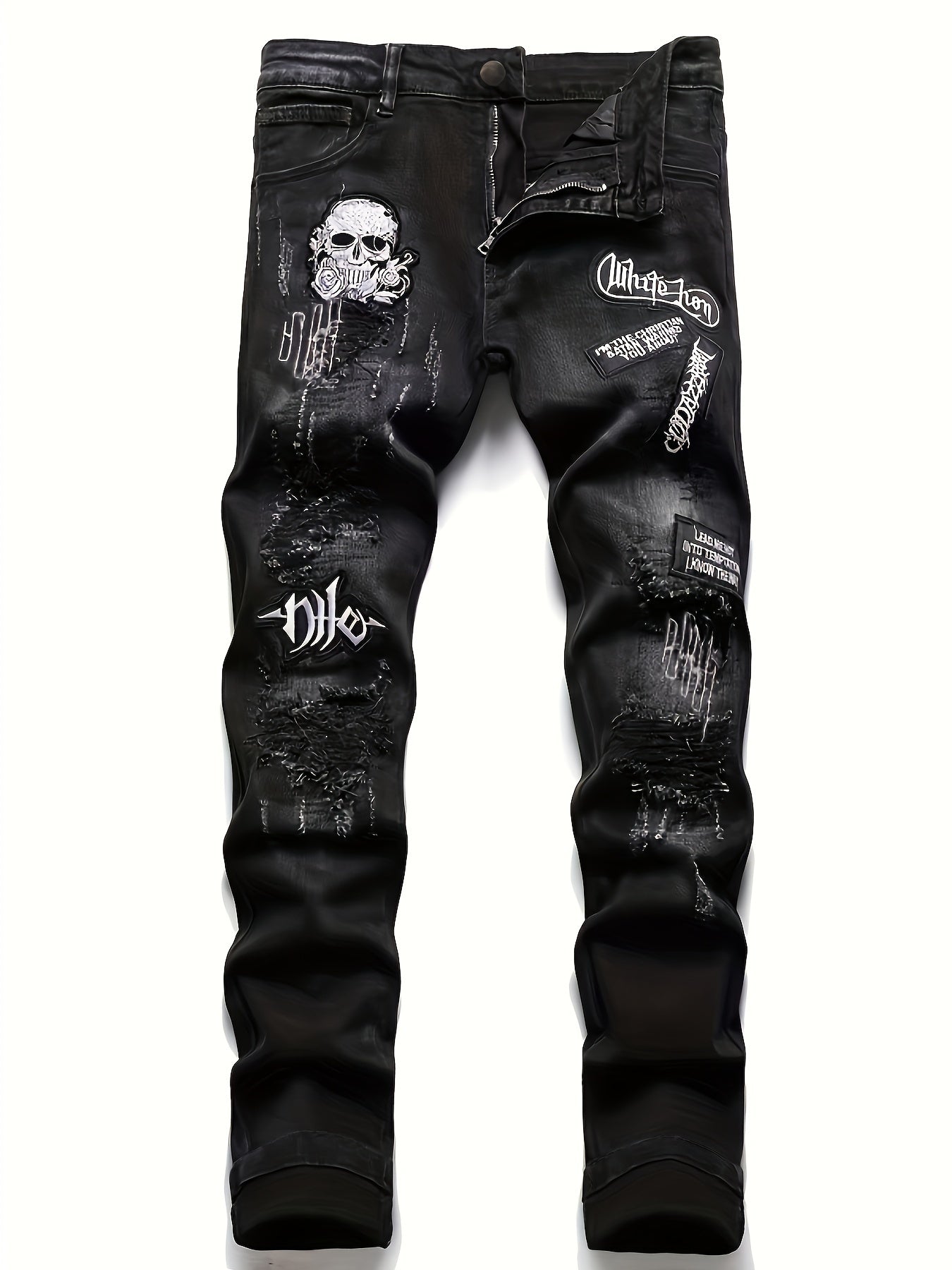 Men's Halloween Patchwork Jeans, Casual Street Style Medium Stretch Denim Pants