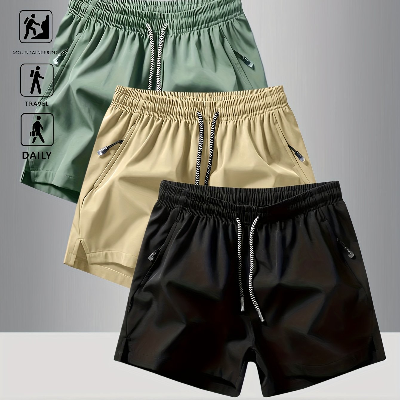 3pcs OBM Men's Moisture-Wicking Lightweight Athletic Shorts with Adjustable Drawstring Waist & Zipper Pocket - Breathable Quick-Dry Gym Running Training Shorts for Summer, Beach, Outdoor Activities (Teal, Burgundy, Navy)