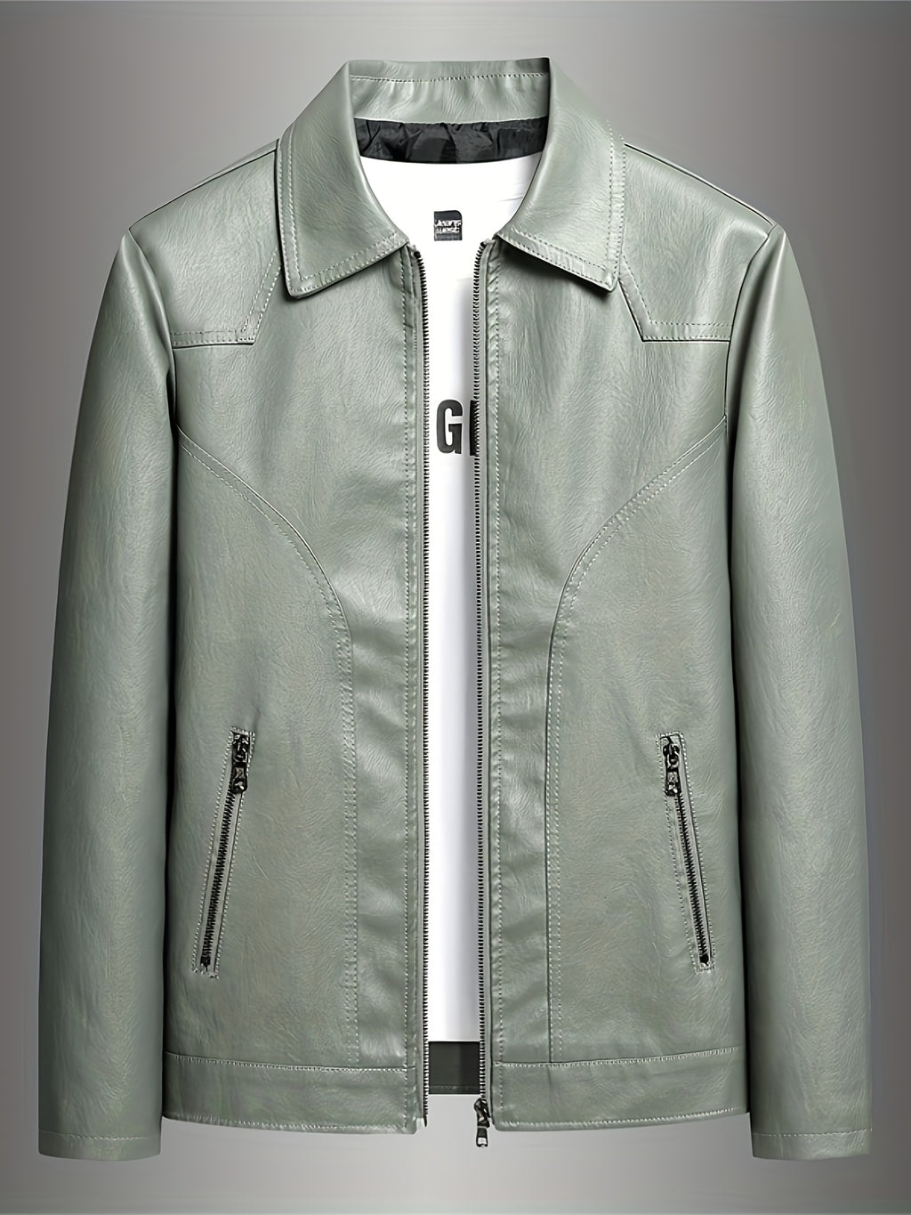 PUPU PU Leather Men's Big & Tall Casual Jacket - Light Green PU Leather Windproof Motorcycle Style with Zipper Closure, Polyester Lining & Side Pockets, Regular Fit for Spring\u002FFall Outdoor Hiking & Casual Wear, Durable Fashion