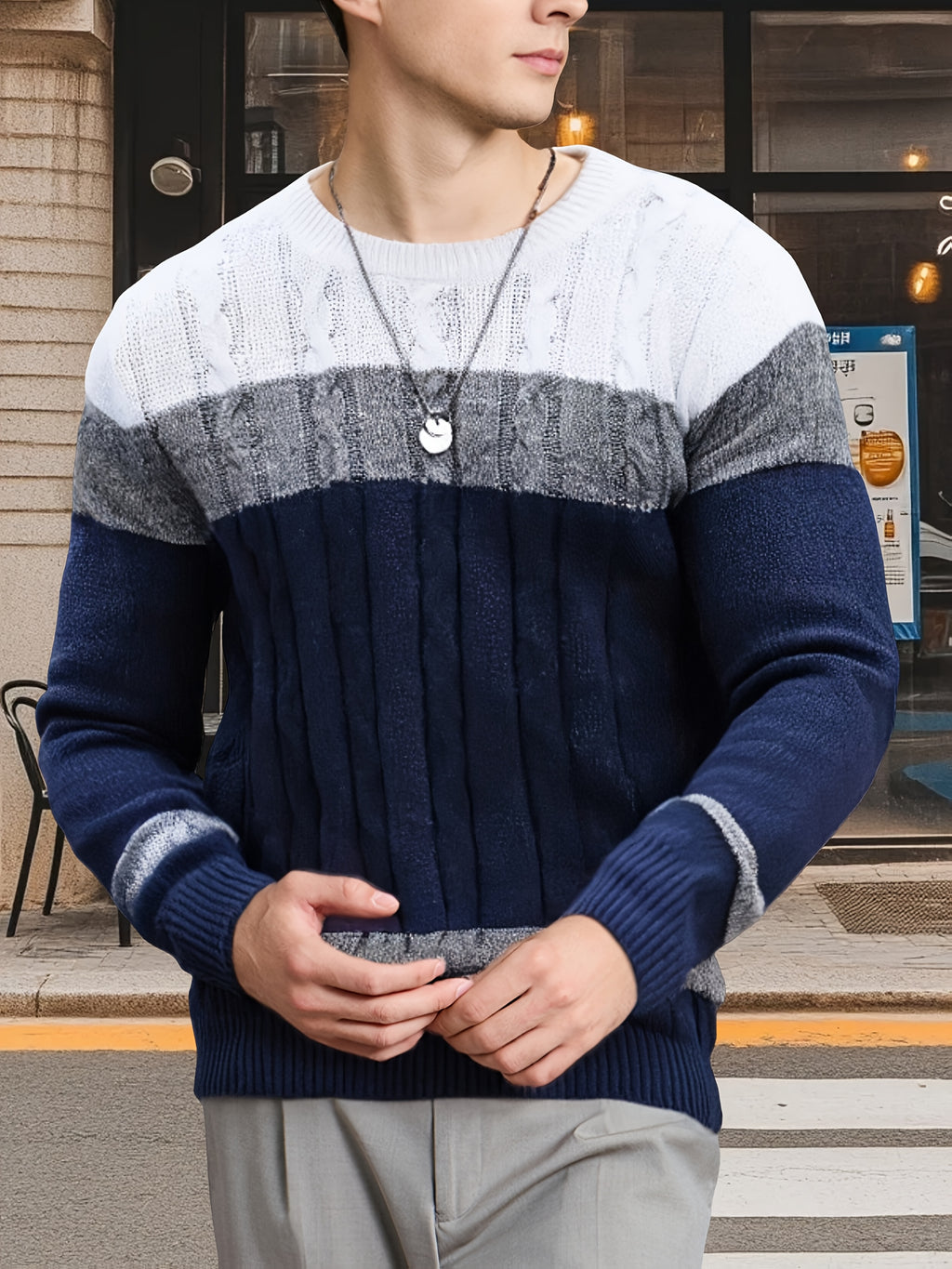 Pull Homme à Mailles Contrastées et Blocs de Couleurs - Col Rond Doux, Manches Longues pour Toutes Saisons, Lavable en Machine, Coupe Classique pour Tenue Décontractée & Soirée