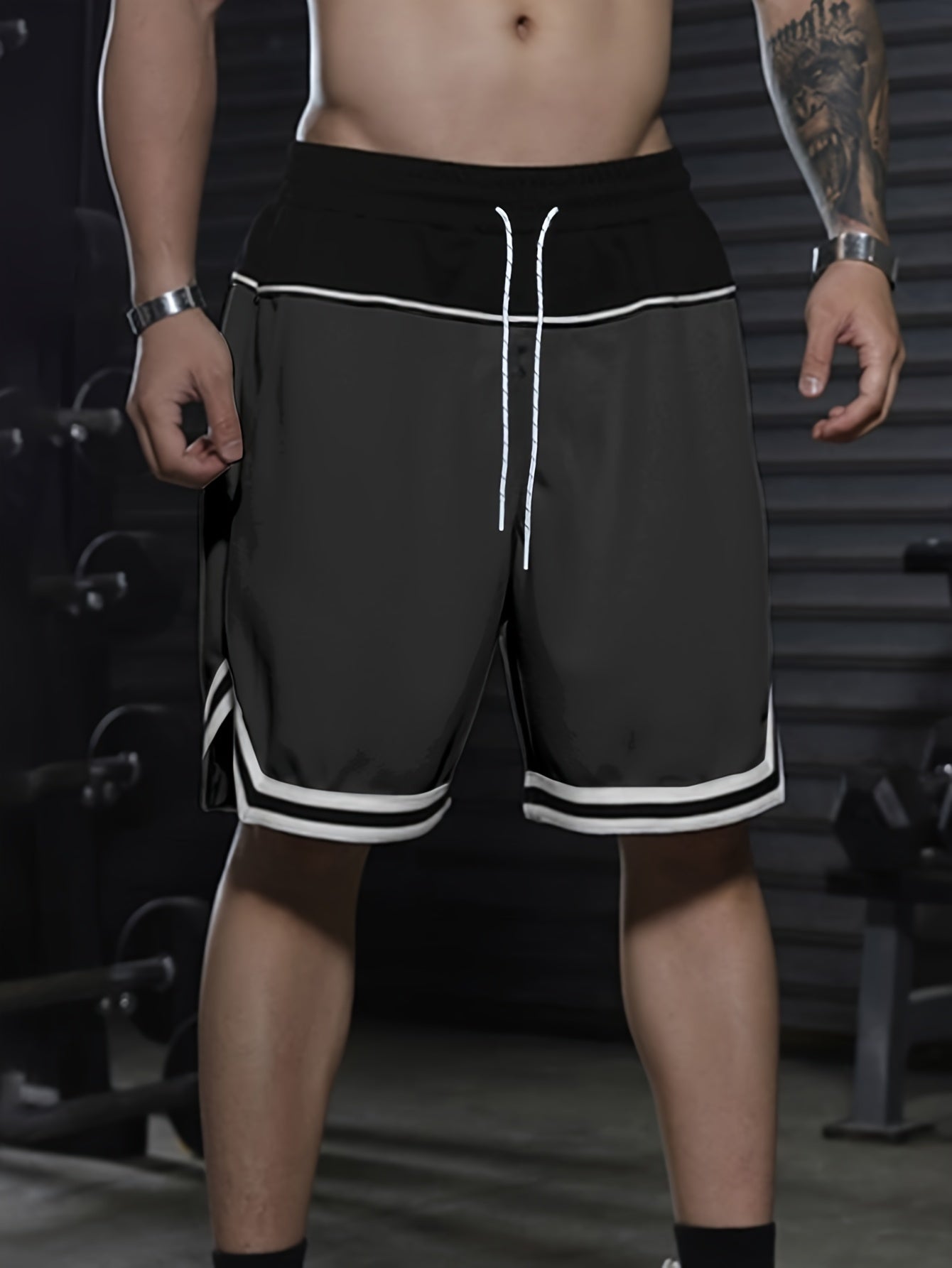 Men's Color Block Striped Shorts With Pockets, Active Elastic Waist Drawstring Shorts For Summer Fitness