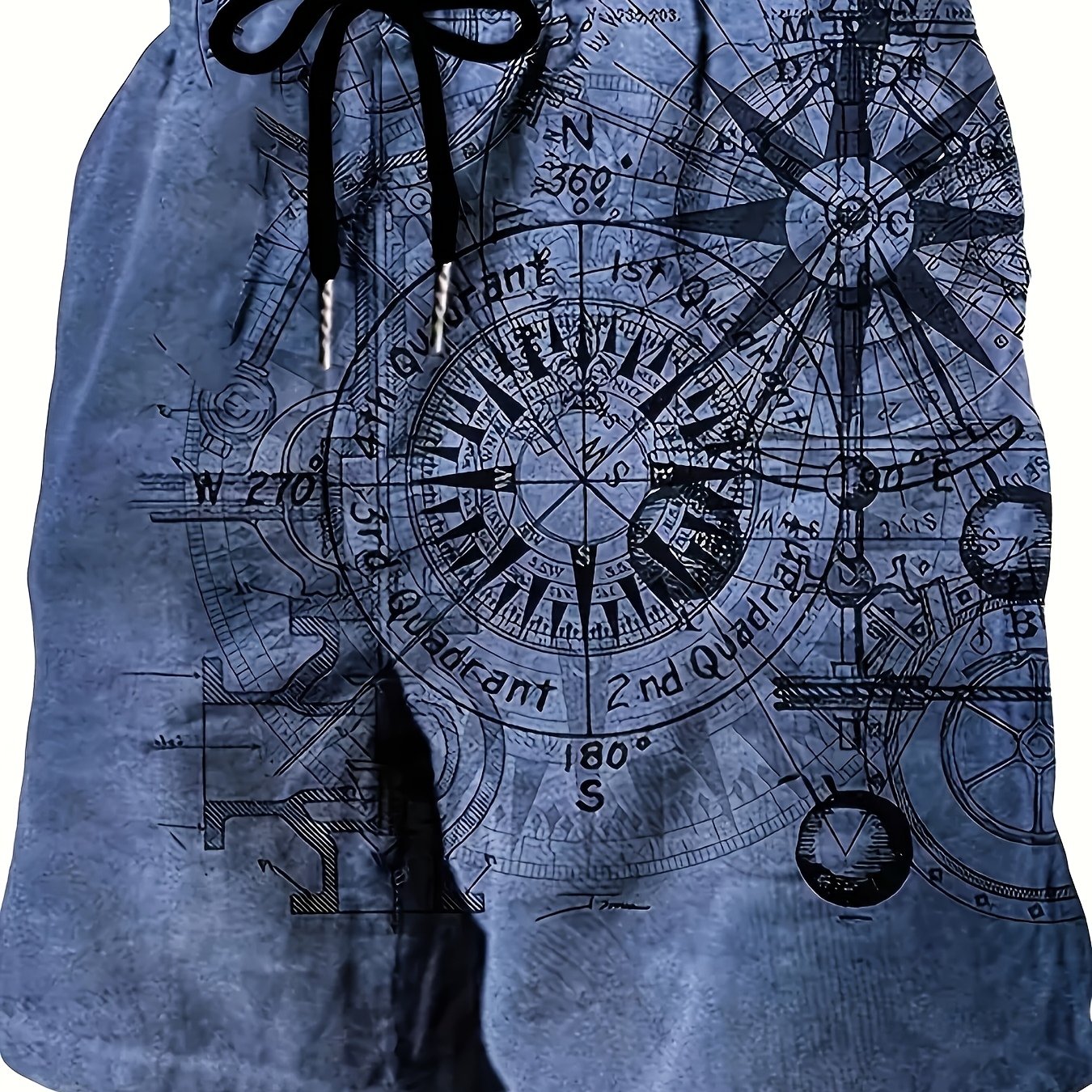 Men's Vintage Nautical Quick-Dry Shorts - Compass & Sailing Charts Design, Ideal for Summer Water Sports, Beach, and Surfing, Lightweight Polyester Fabric with Drawstring Waist