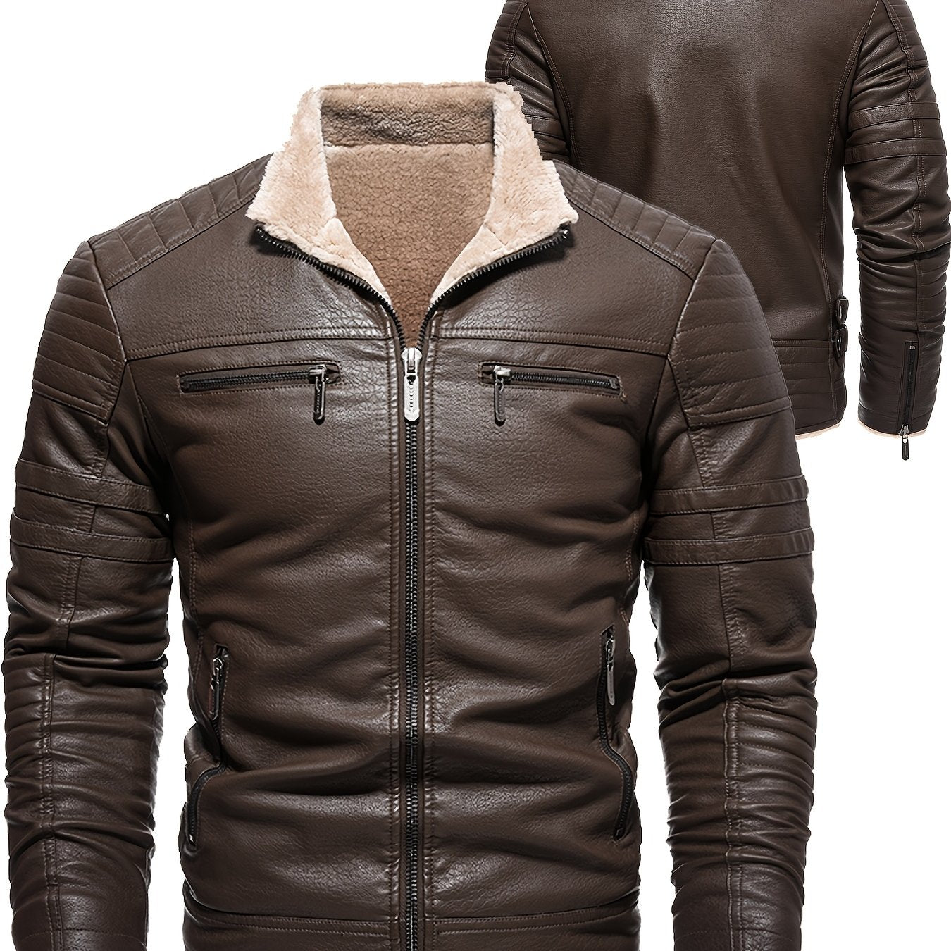 Men'S Autumn And Winter Fleece-Lined Motorcycle Jacket Made of Faux PU Faux Leather, Featuring a Vintage Slim Fit for Riding.