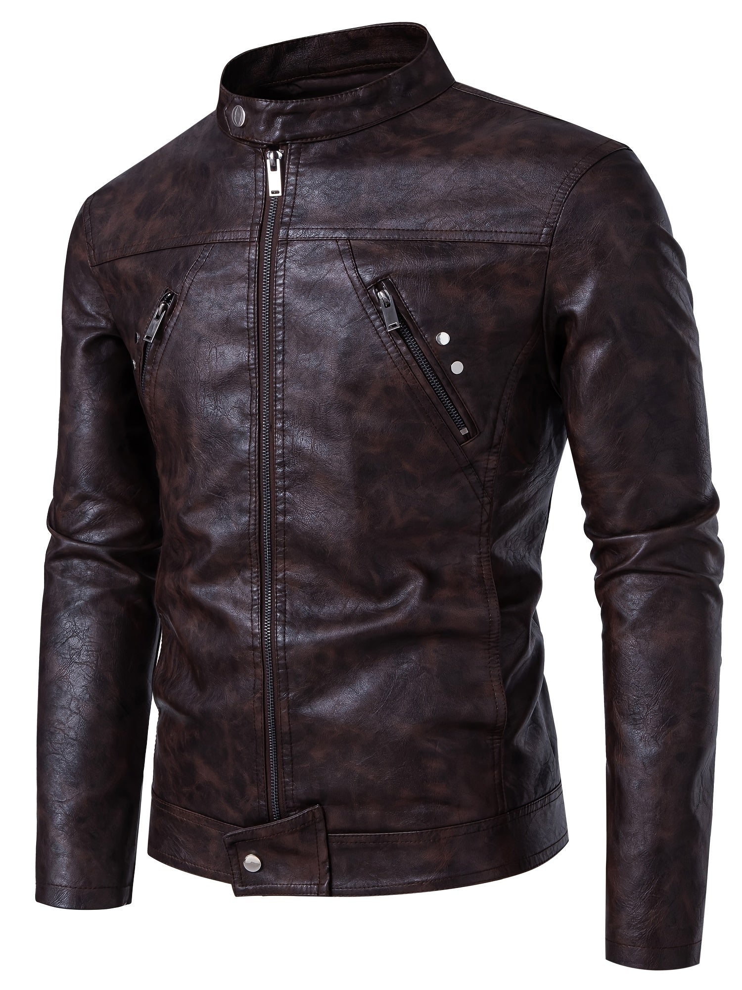 Men'S Casual Stand Collar Zipper Faux Leather Jacket, Fashion Motorcycle Style, Suitable for Street Outdoor And Riding Wear