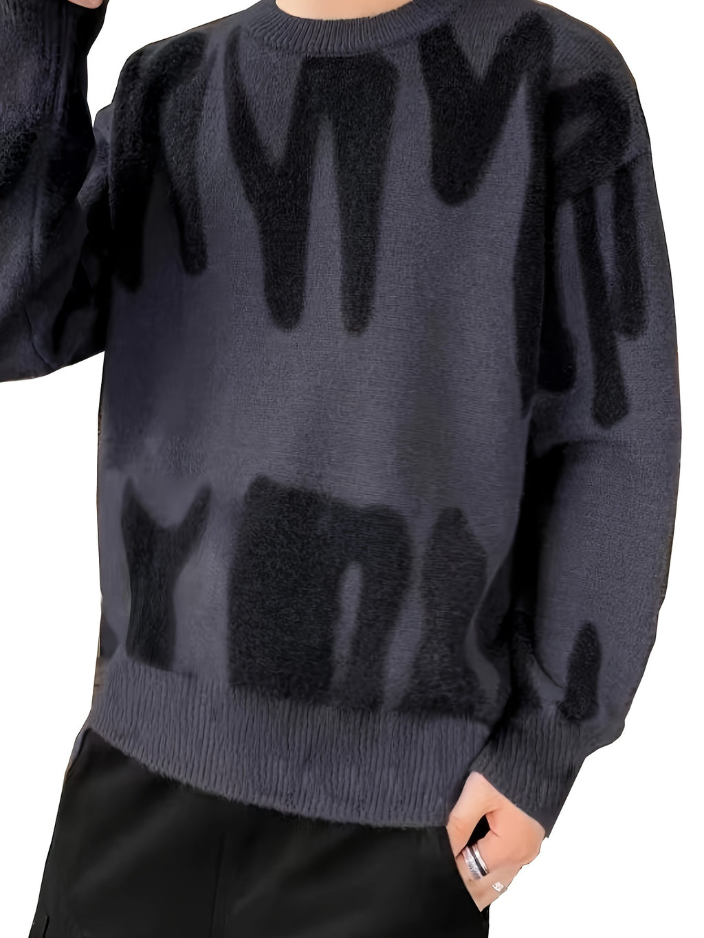 Pull décontracté à col rond pour homme, motif géométrique en tricot, 100 % polyester, légèrement extensible, coupe standard pour l'automne\u002Fhiver, épais