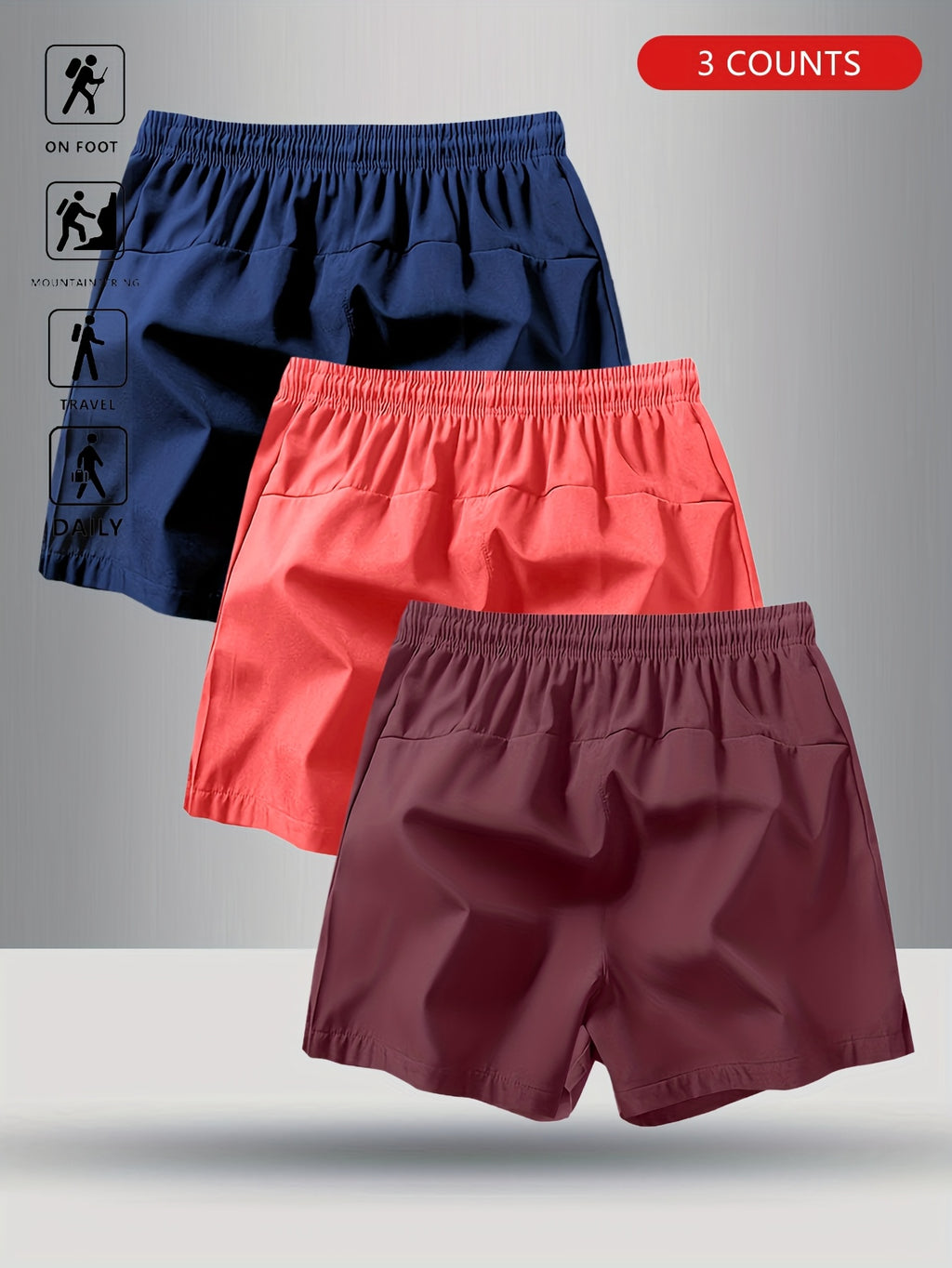 3pcs OBM Men's Moisture-Wicking Lightweight Athletic Shorts with Adjustable Drawstring Waist & Zipper Pocket - Breathable Quick-Dry Gym Running Training Shorts for Summer, Beach, Outdoor Activities (Teal, Burgundy, Navy)