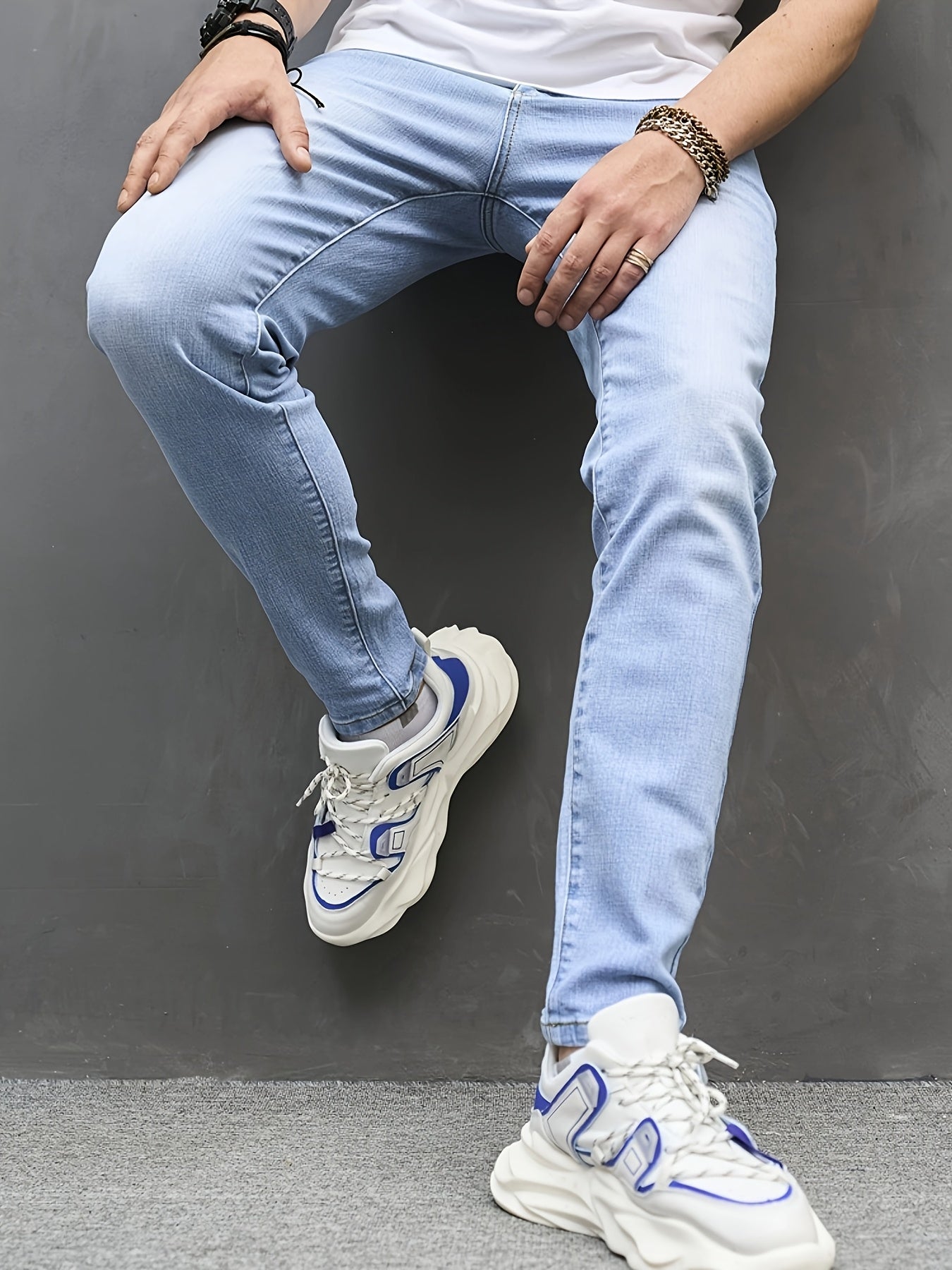Men'S Slim Fit Stretch Denim Jeans - Light Blue Casual Slimming Pants, Raw Wash Solid Color, Mid-Rise, All-Season Wear, Comfortable & Stylish for Casual Attire