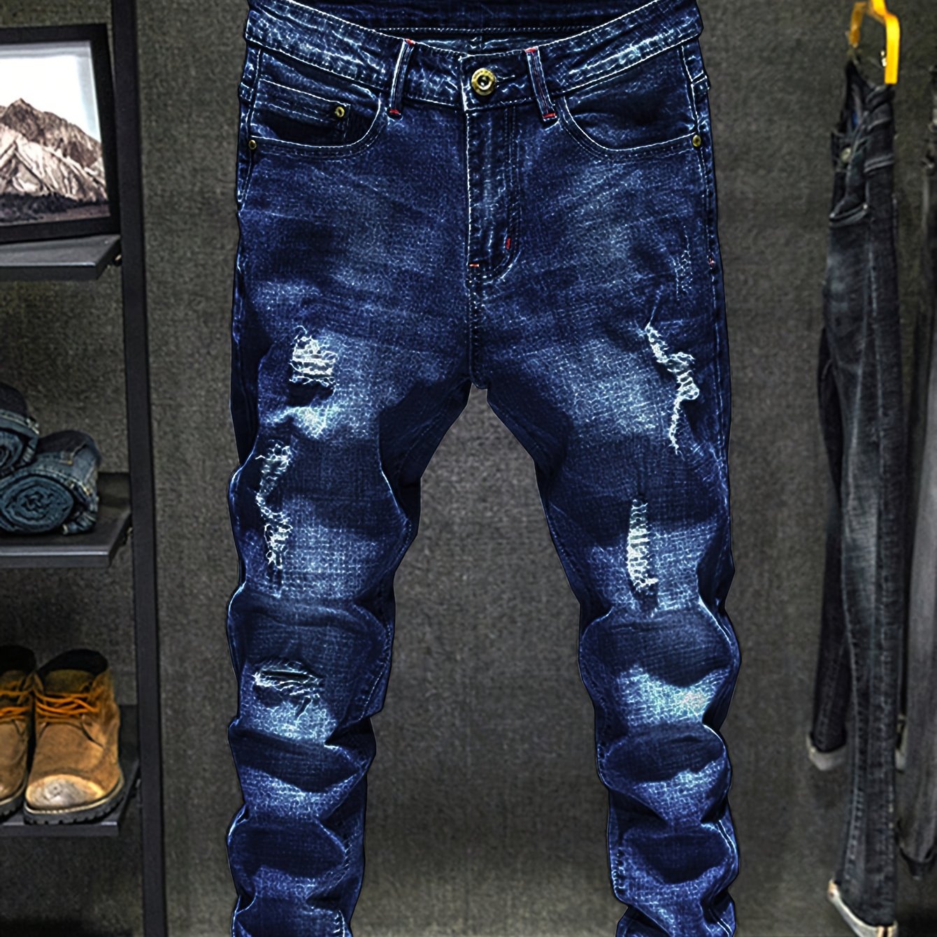 Men's Casual Regular Jeans, Street Style Chic Stretch Denim Pants