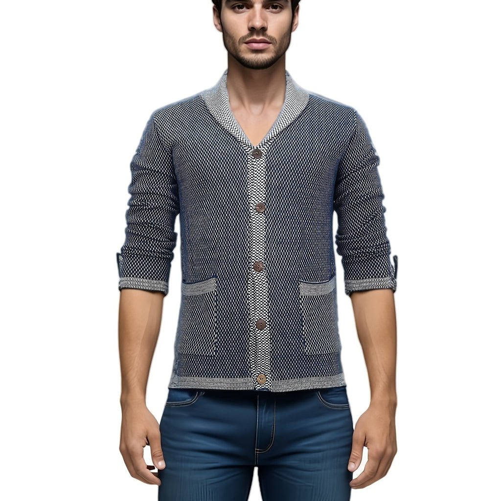 1pc Cardigan Jacquard Décontracté pour Homme - Pull à Capuche et Col en Polyester avec Poches 3D, Couleur Unie, Extensible Moyen, Coupe Régulière pour Automne\u002FHiver, Grande Taille