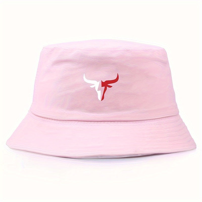 1pc Elegant Cotton Blend Bucket Hat with Bull Logo Print, Reversible Outdoor Casual Cap, Gift for Dad