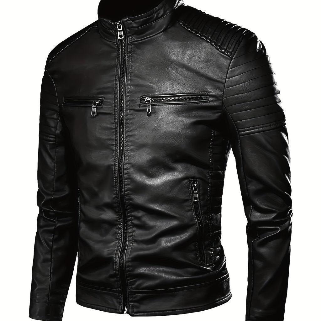 Men'S Punk Style Faux Leather Jacket - Windproof Casual Biker-Inspired Zip-Up with Stand Collar, Full-Zip Front, and Side Pockets for Spring & Fall, Winter Apparel | Stand Collar Jacket | Zipper Closure Jacket