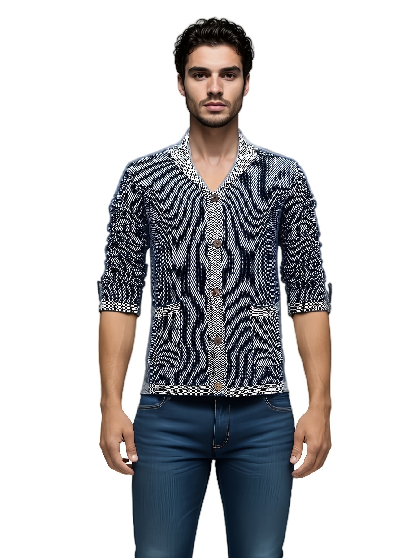 1pc Cardigan Jacquard Décontracté pour Homme - Pull à Capuche et Col en Polyester avec Poches 3D, Couleur Unie, Extensible Moyen, Coupe Régulière pour Automne\u002FHiver, Grande Taille
