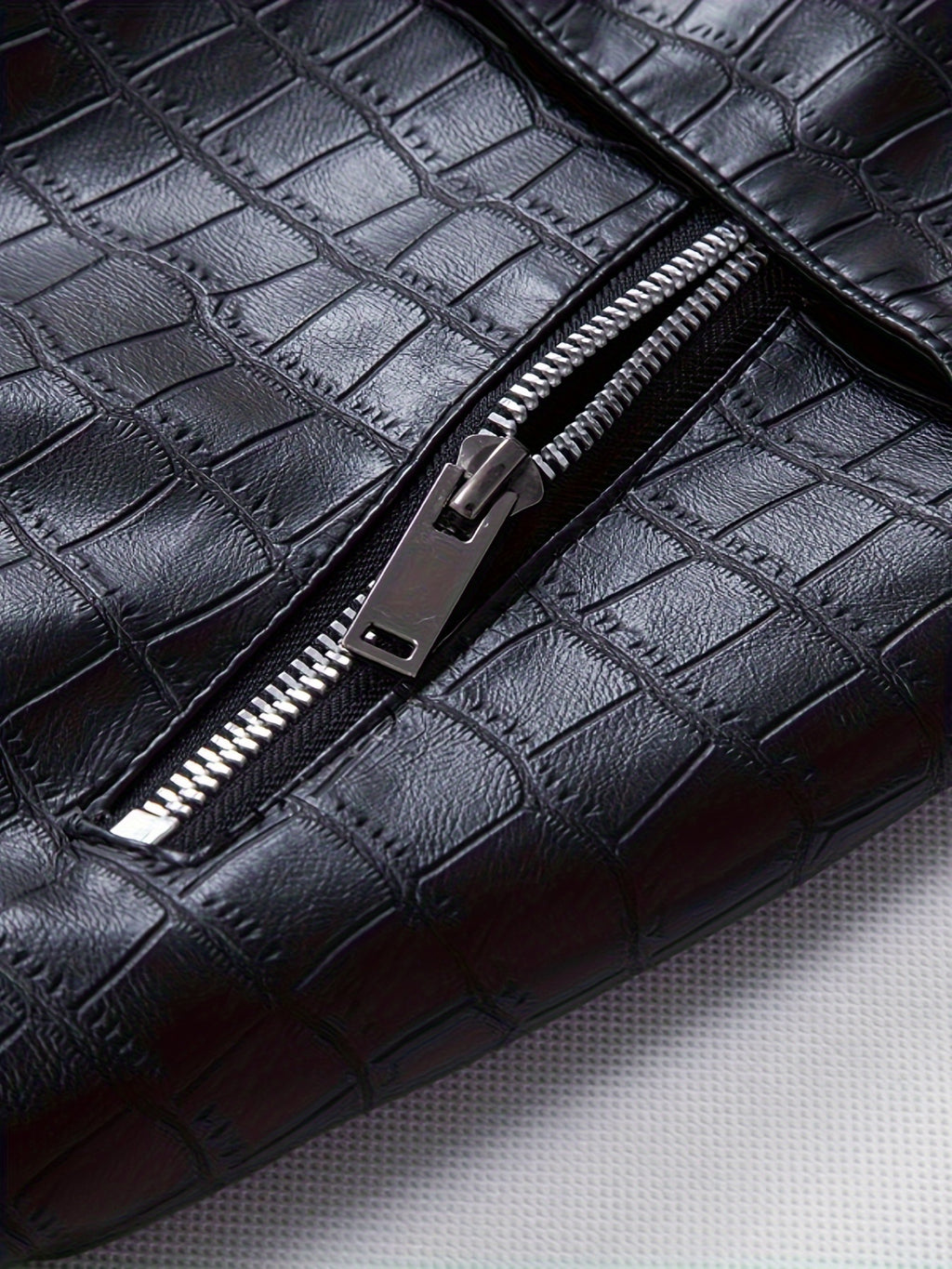 Men's Stylish Black PU Leather Jacket with Zipper Design, Baseball Collar & Crocodile Texture - Perfect for Casual Outings & Outdoor Adventures