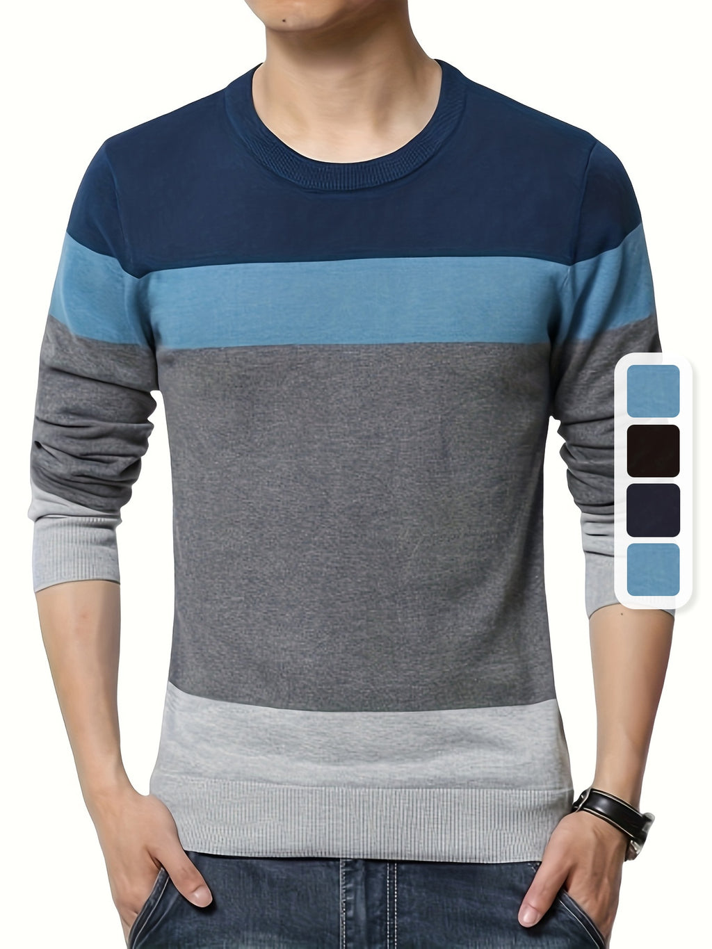 Pullover tricoté en coton 100 % pour homme, col rond ajusté à manches longues décontracté pour l'automne et l'hiver