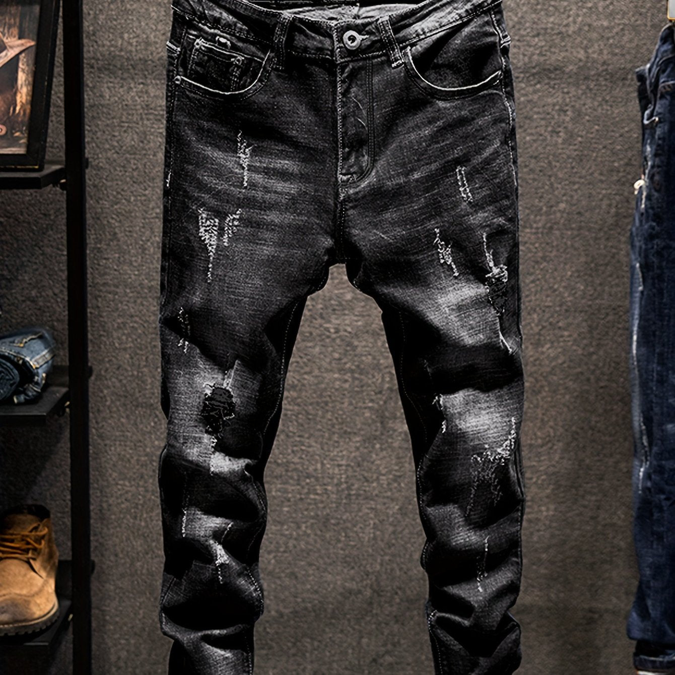 Men's Regular Fit Distressed Ripped Jeans, Fashion Denim Pants For Men, Four-Season Wear
