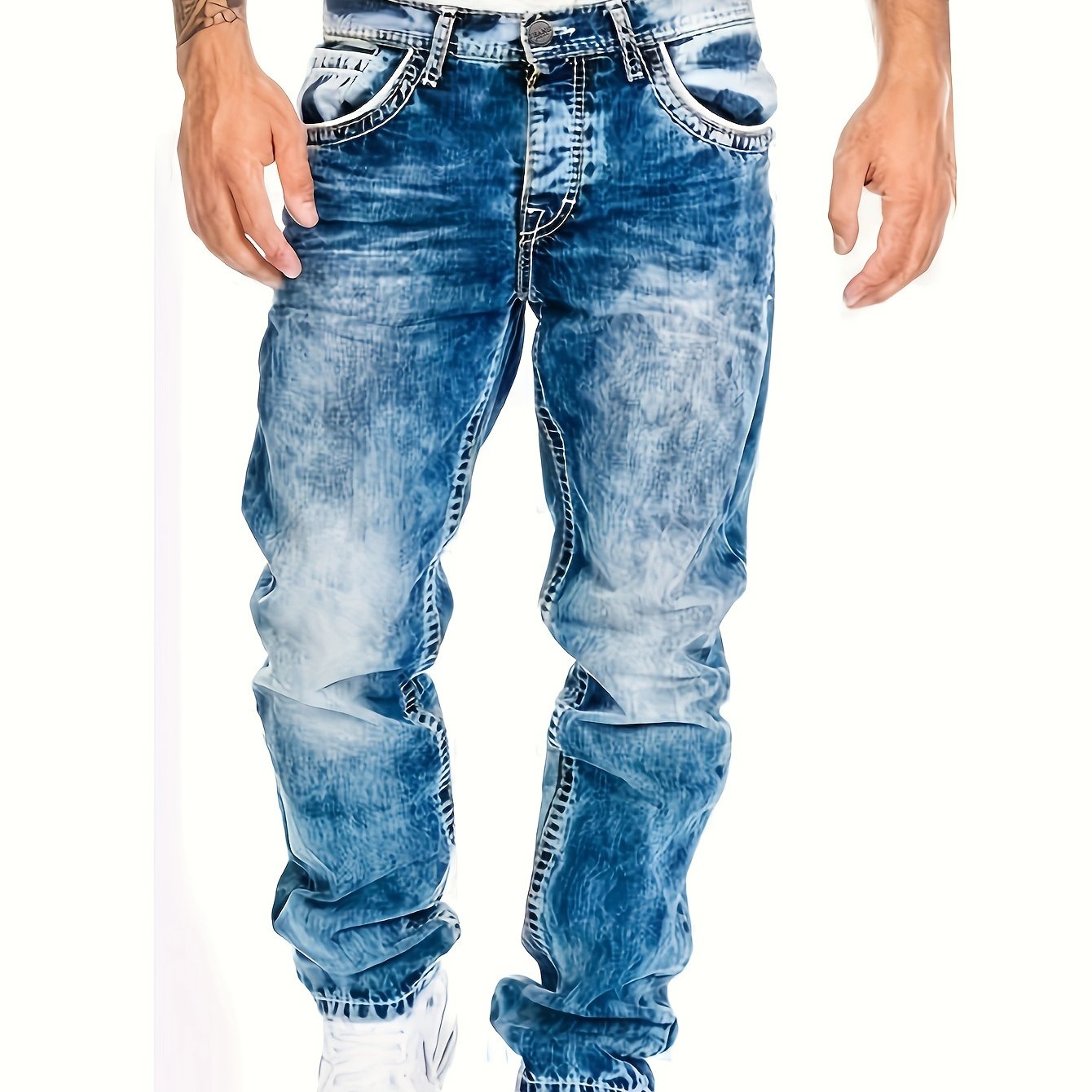 Men's Slim-Fit Straight-Leg Distressed American Snowflake Jeans - Streetwear Style Blue Denim Pants with Vintage Wash, All-Season Casual Wear, Everyday Fashion | Durable Fabric