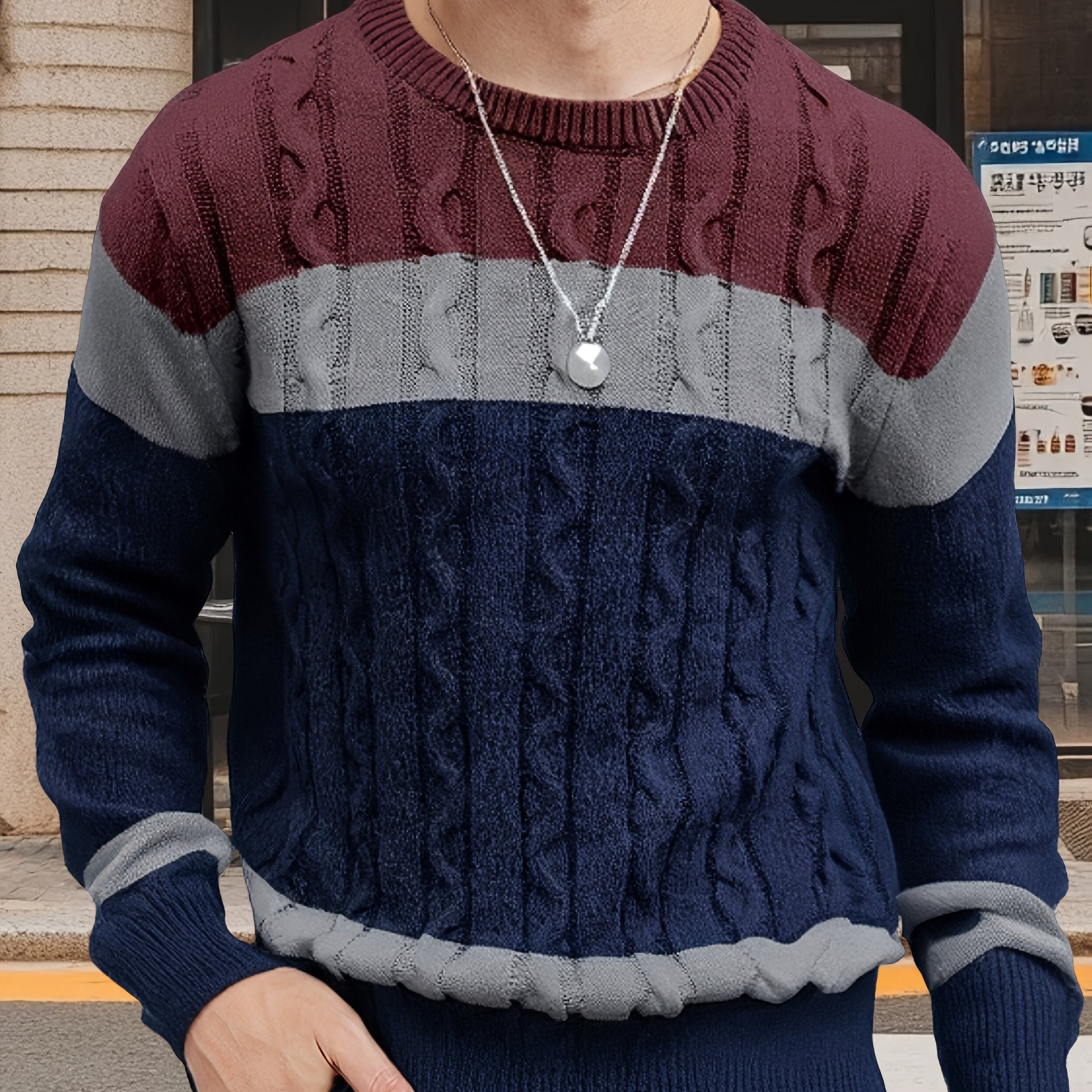 Pull Homme à Mailles Contrastées et Blocs de Couleurs - Col Rond Doux, Manches Longues pour Toutes Saisons, Lavable en Machine, Coupe Classique pour Tenue Décontractée & Soirée