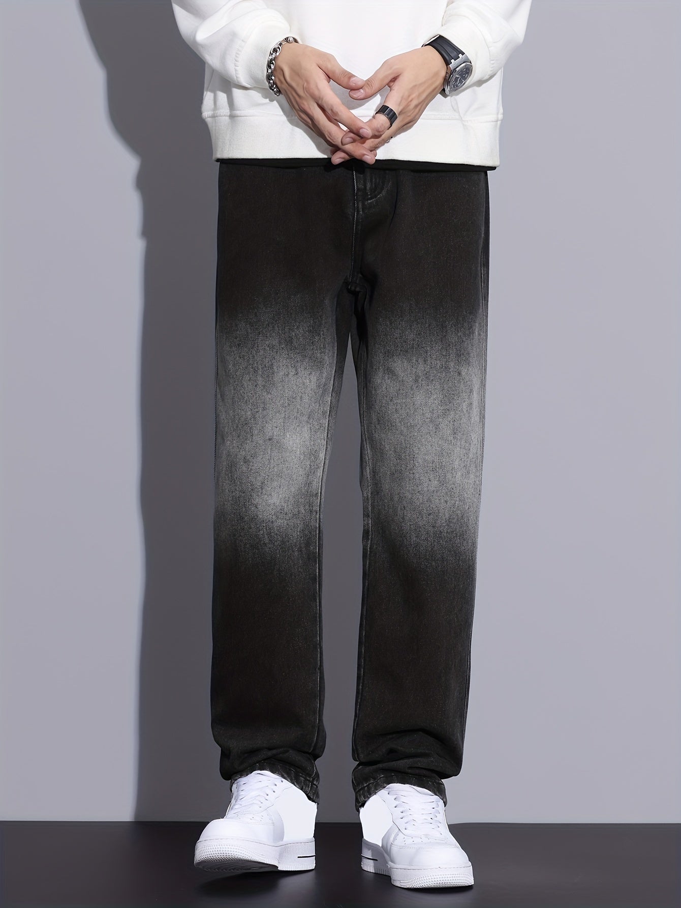 Men's Color Block Denim Barrel Pants With Pockets, Street Style Cotton Blend Jeans For Outdoor Activities