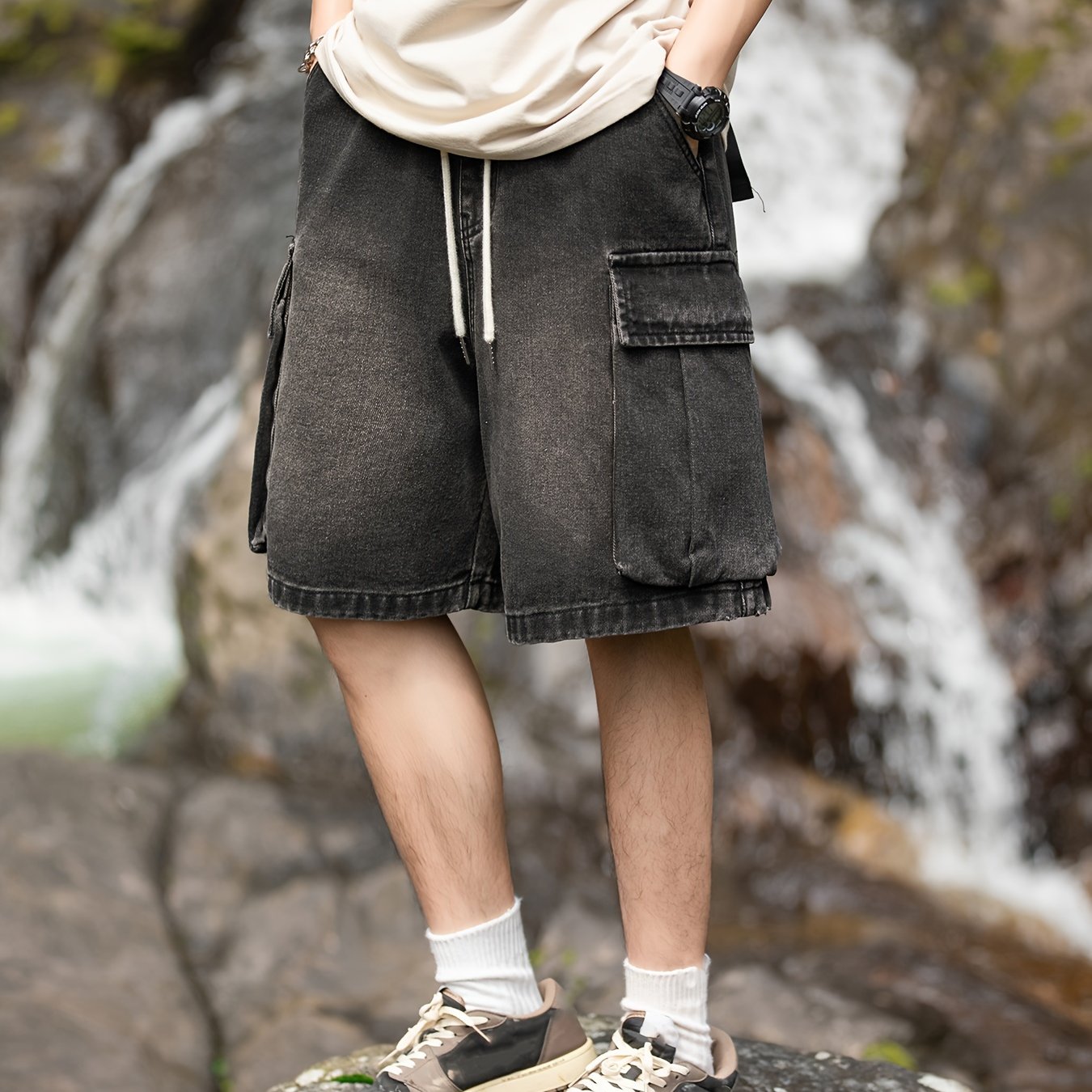 Men's Casual Denim Shorts with Side Pockets - Loose Fit, Drawstring Waist, Cotton Blend, Summer Streetwear