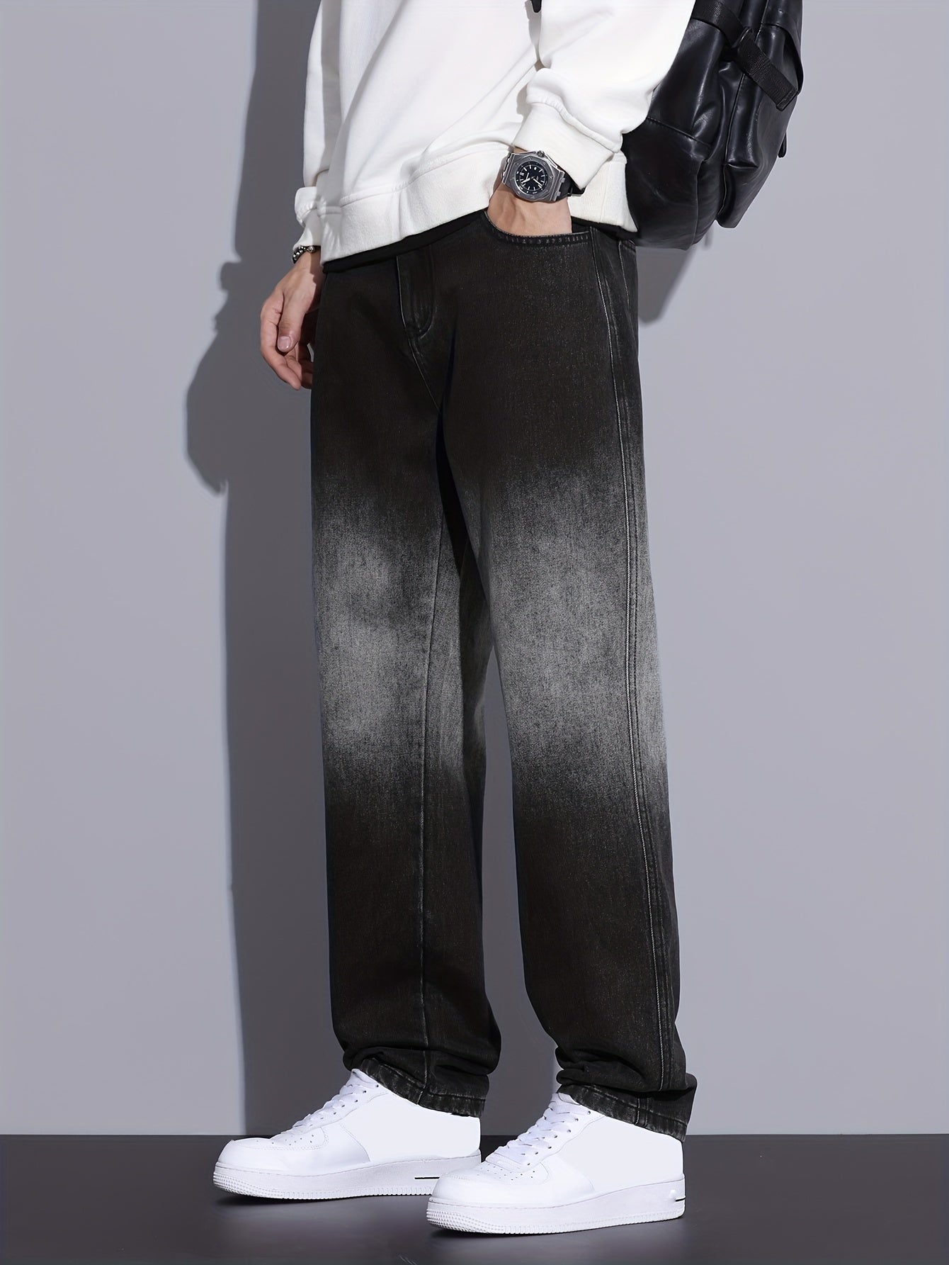 Men's Color Block Denim Barrel Pants With Pockets, Street Style Cotton Blend Jeans For Outdoor Activities