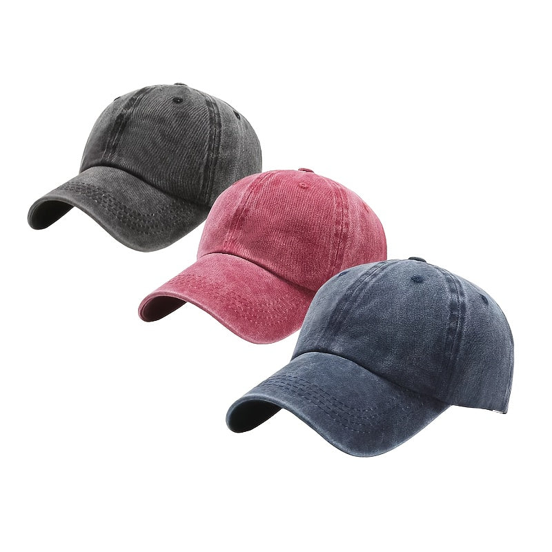 3pcs Unisex Vintage Washed Baseball Caps - Adjustable Snapback, Breathable Sun Protection, Distressed Retro Style for Men & Women (Black\u002FDark Gray\u002FPink)