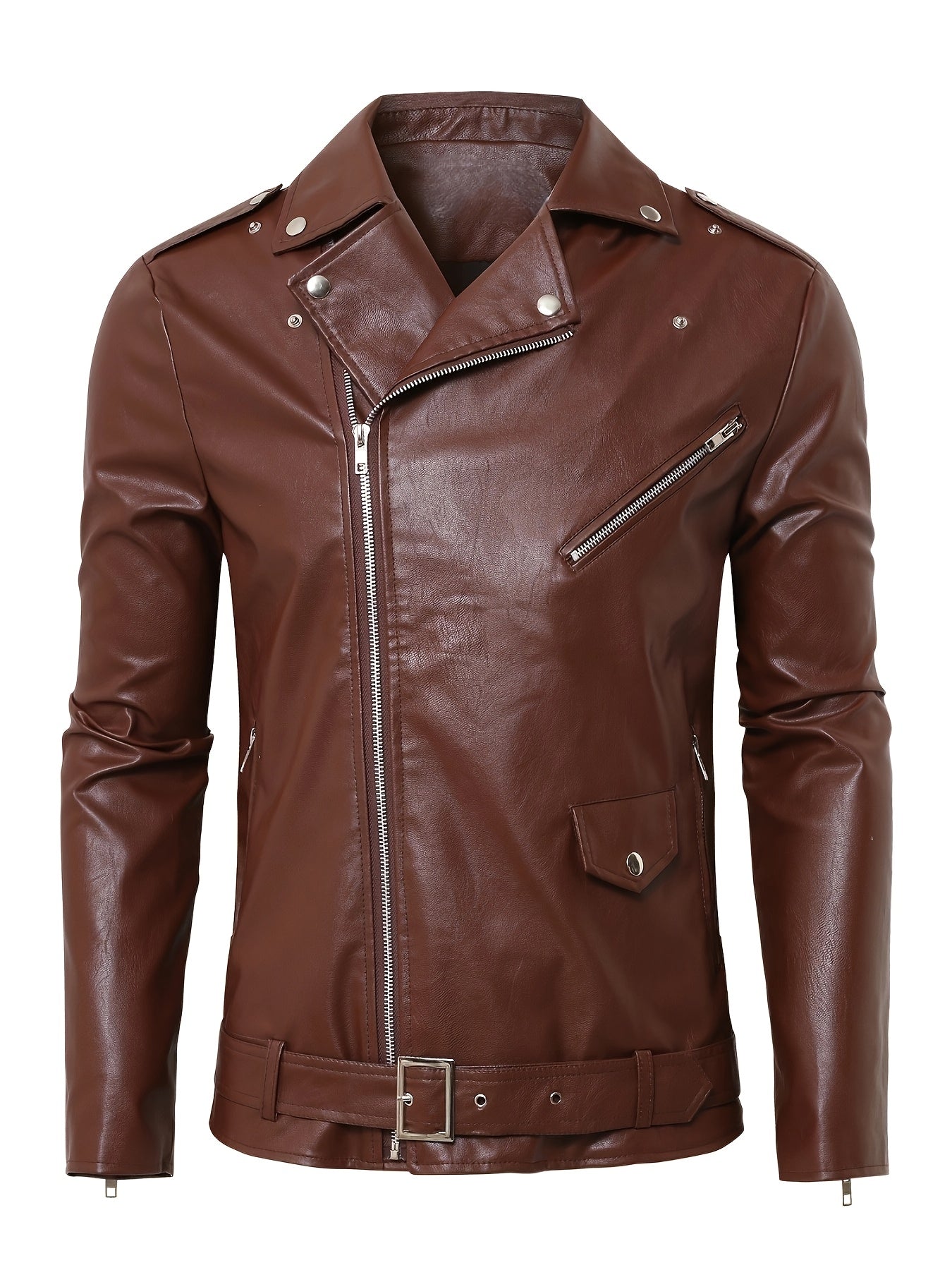 Men'S Fitted Motorcycle-Style PU Faux Leather Jacket