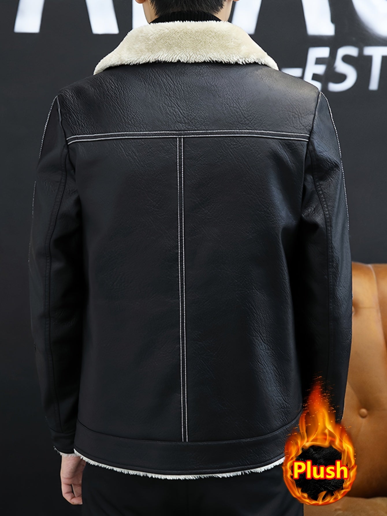 Men'S Faux Leather Jacket, Plush Lined, Zippered Motorcycle Style, Regular Fit, Vintage Look, Polyester Lining, Casual Wear