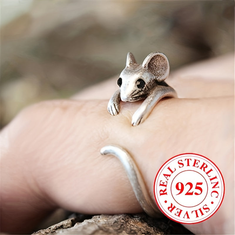 3.5g 925 Sterling Silvery Retro Boho Mouse Design Adjustable Ring for Men and Women, Party Vacation Hip-Hop Trendy Accessory