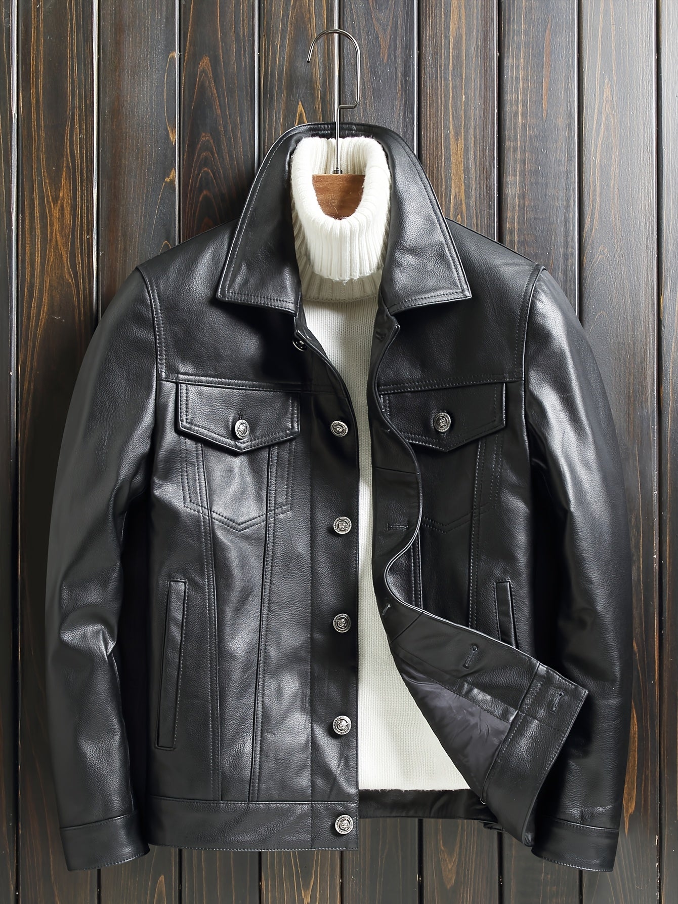 Men's Slim-Fit Jacket - Stylish Short Moto Coat with Pockets, Button-Up Front, Long Sleeves, and Glossy Finish for Casual or Streetwear, Motorcycle Jacket